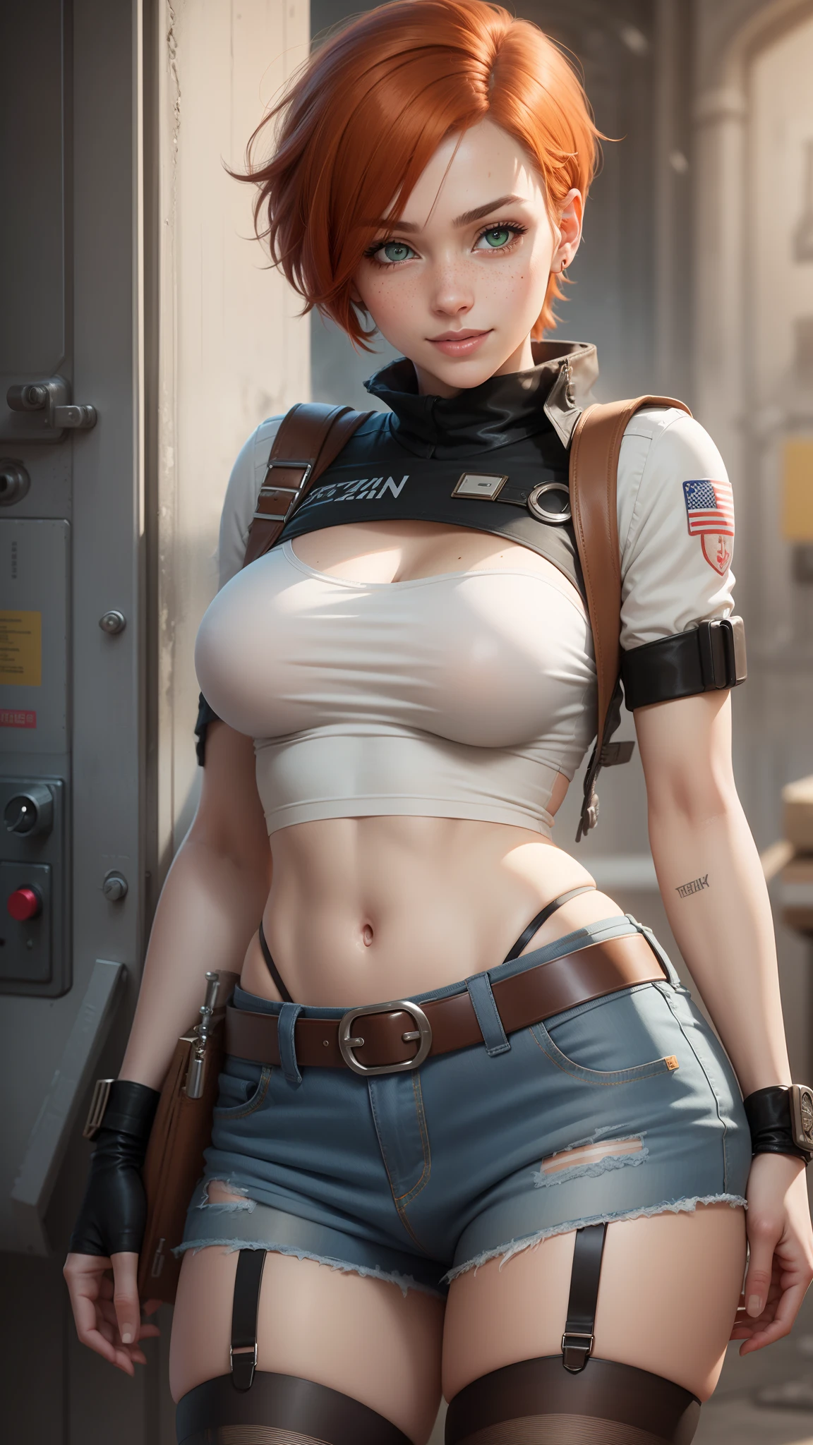 gwen tennyson,tracer,yorha 2b,gundam, rebecca chambers,lara croft,pilot uniform,ager, green eyes,garter belt,striped underwear,short hair,orange hair,hot springs,shy smile,ginger,white striped top,denim micro skirt,freckles,beautiful girl,stockings,large breasts,ultra detailed,realistic,
