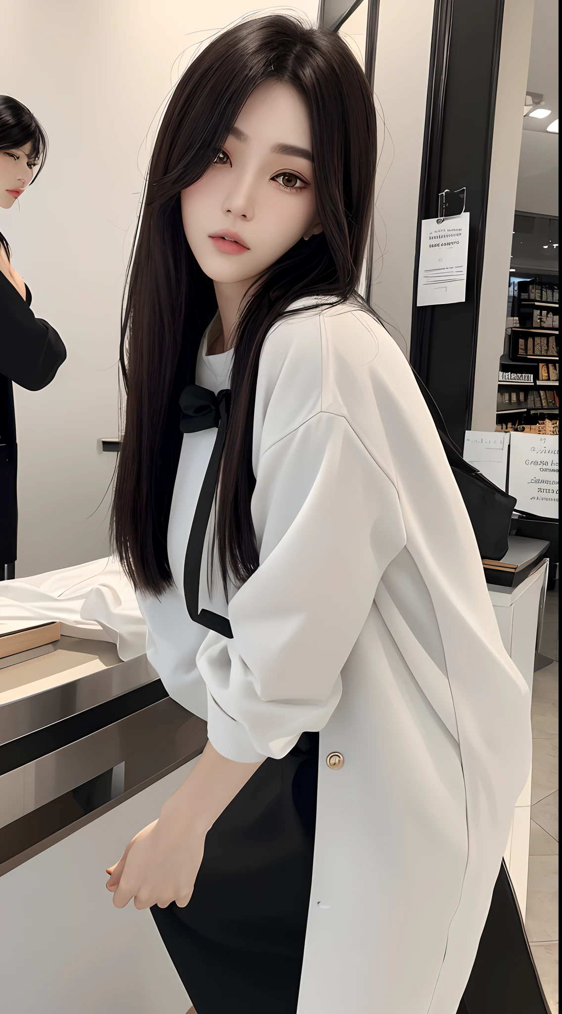 masterpiece、top-quality)、1 beutiful girl、Slim body、((Black and white plain clothes:1.1))、(Detailed beautiful eyes)、Walk around the store、((Boyish Brown Shorthair))、((Smaller face))、((Neutral face))、((profile))、((Light brown eyes))、((Korean Girl))、((25-years old))、((cool lady))、((Wild look))、((Korean Makeup))、((elongated and sharp eyes))、((Dating))、((looking distantly))、((boyish))、((focus on face))