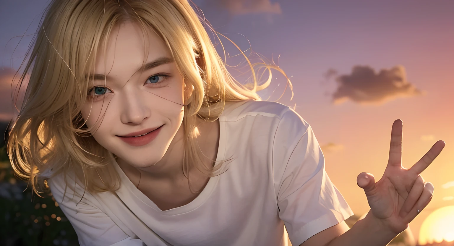 superfine illustration, very detailed beautiful face and eyes, Dynamic Angle, Sunset sky, Head to knee display, wide angles, One Man With Blonde Hair, Slender man in plain t-shirt, piece sign, Amused expression, Entertained, Tickled, Delighted, A Man