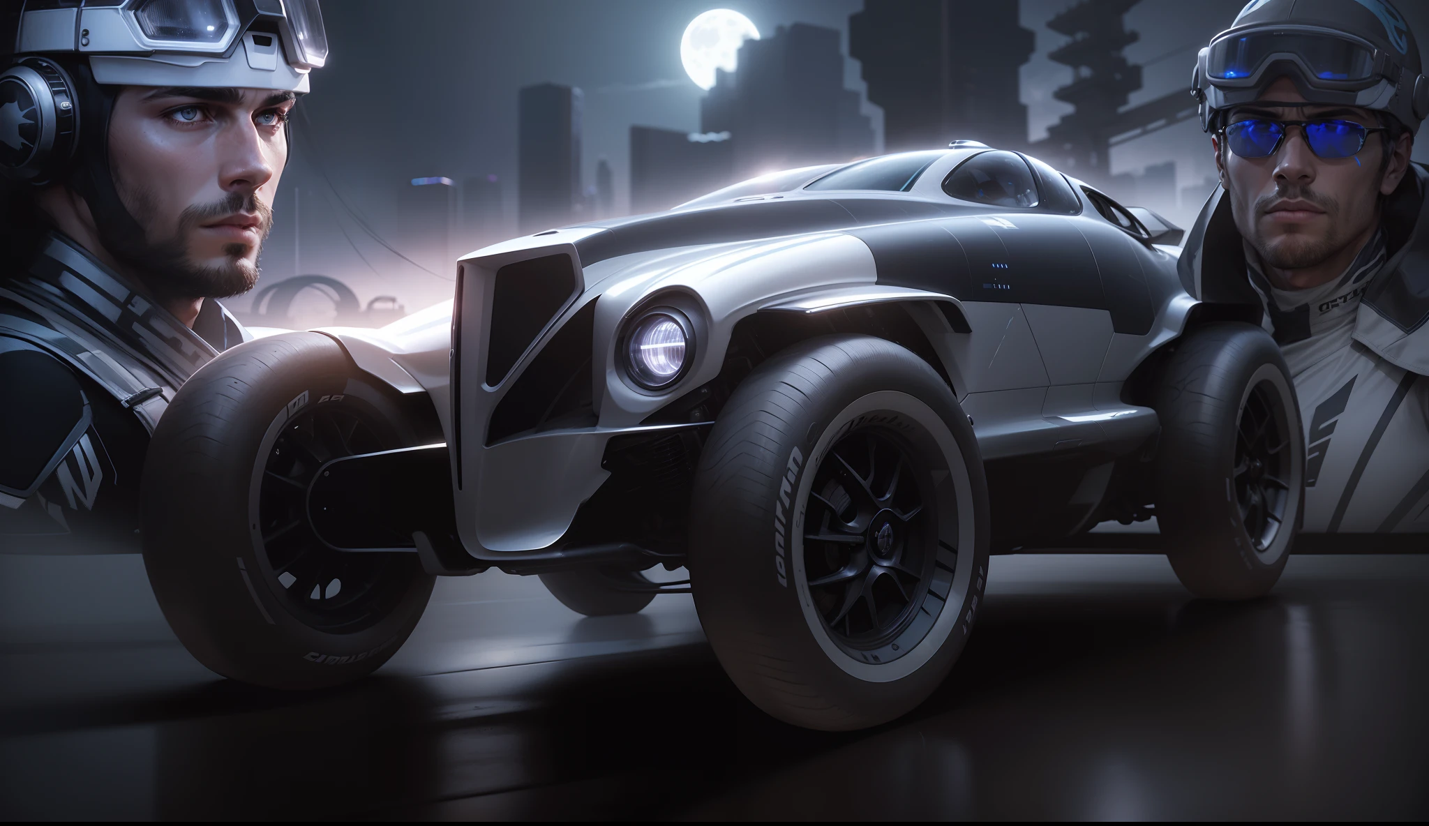 A futuristic metallic gray race car in the foreground, behind a driver in racing clothes of the future and next to a driver also in futuristic clothes, Ao fundo, a futuristic city with moon shining in the starry sky reflecting on the futuristic buildings