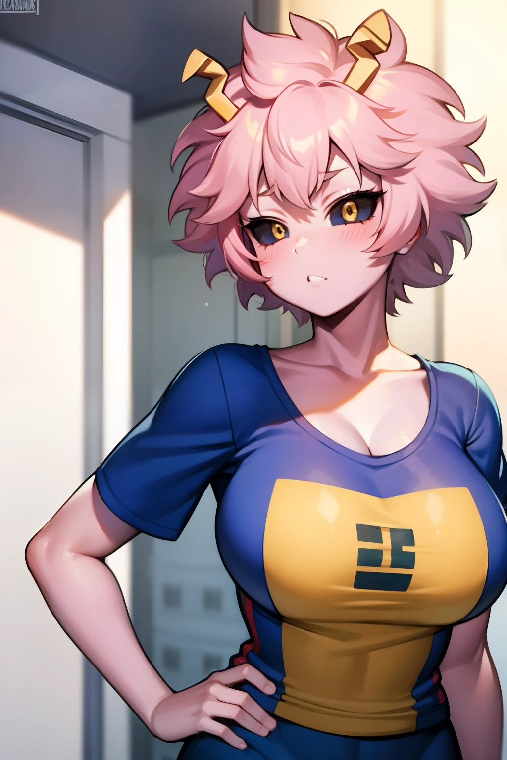 mina ashido, 1girl, solo, breasts, short hair, huge breasts, white background, collarbone, yellow eyes, upper body, pink hair, short sleeves, horns, colored skin, blue shirtteeth, shy, colored sclera, emphasis lines, black sclera, pink skin, tight t-shirt, cleavage, cute, blushing, shy expression