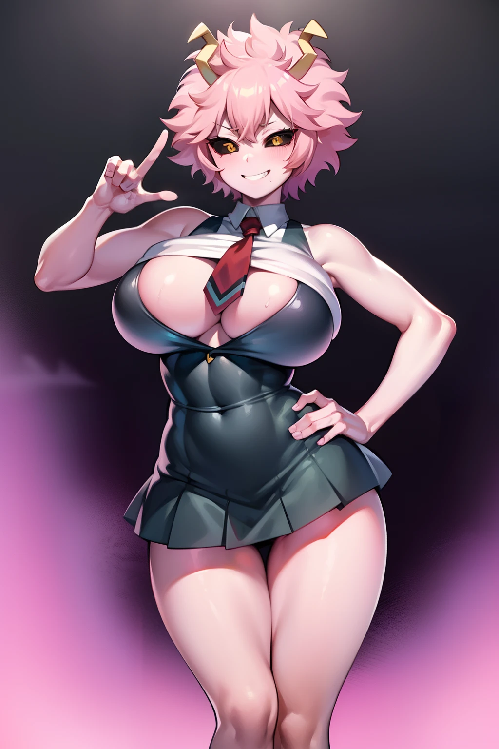 ashido mina, pink skin, yellow eyes, black sclera, horns, pink hair, huge breasts, UA school uniform, tight chlotes, seductive face, flirty smirk hourglass figure, fit body, muscoled legs, slender abs, wet, petite body, (pose: ahegao)