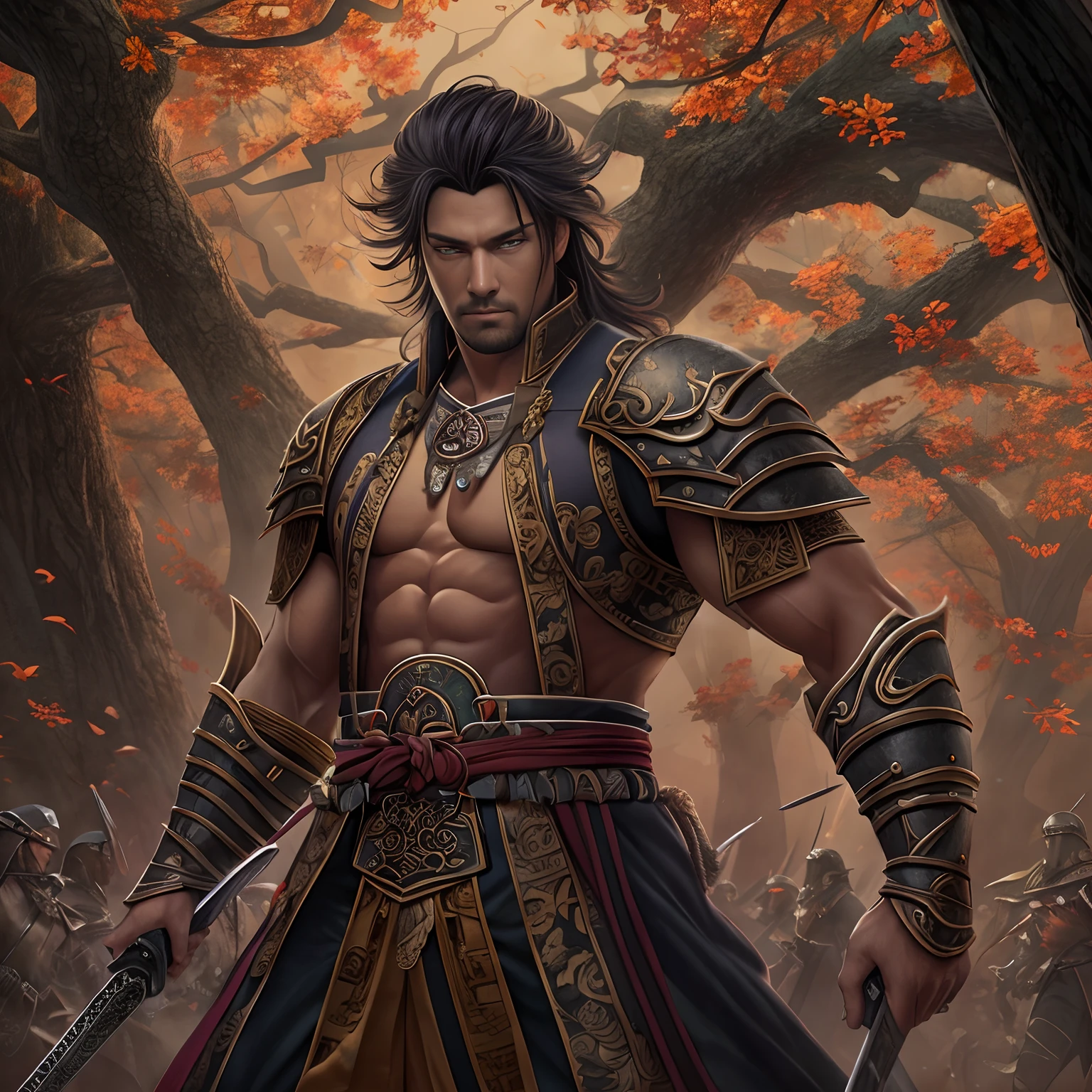 tmasterpiece，best qualtiy，cinematic ligh，offcial art，Propaganda art， wallpapers，Very detailed CG unified 4k wallpaper，Complicated details，The upper part of the body，sface focus，A swarm of monsters is around，The human male protagonist is surrounded，The human protagonist has a hideous face，Hold a heavy sword in both hands，Battle scenes，Tang dynasty costumes，Do not show your chest，Clothes texture ultra-detailed，Lots of patterns，（illustratio：1.1）muscle men，a dark tanned skin，Tree BREAK making art，（Warm light source：1.2），long and flowing hair，strong winds，Orange eyes，Visible nipple。Photorealistic and realistic