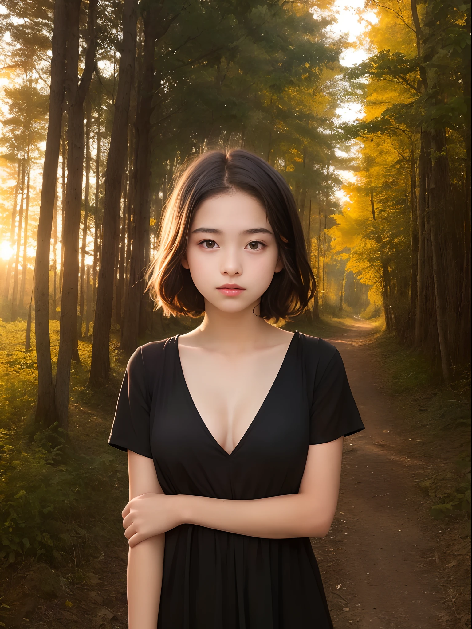 ((-teen girl)), bldress with a V-neck, photo of the girl breast to face, very fair skin, short hair, forest, wooden houses, sunset, photorealistic, indirect lighting, volumetric light , ray tracing, hyper-detailed