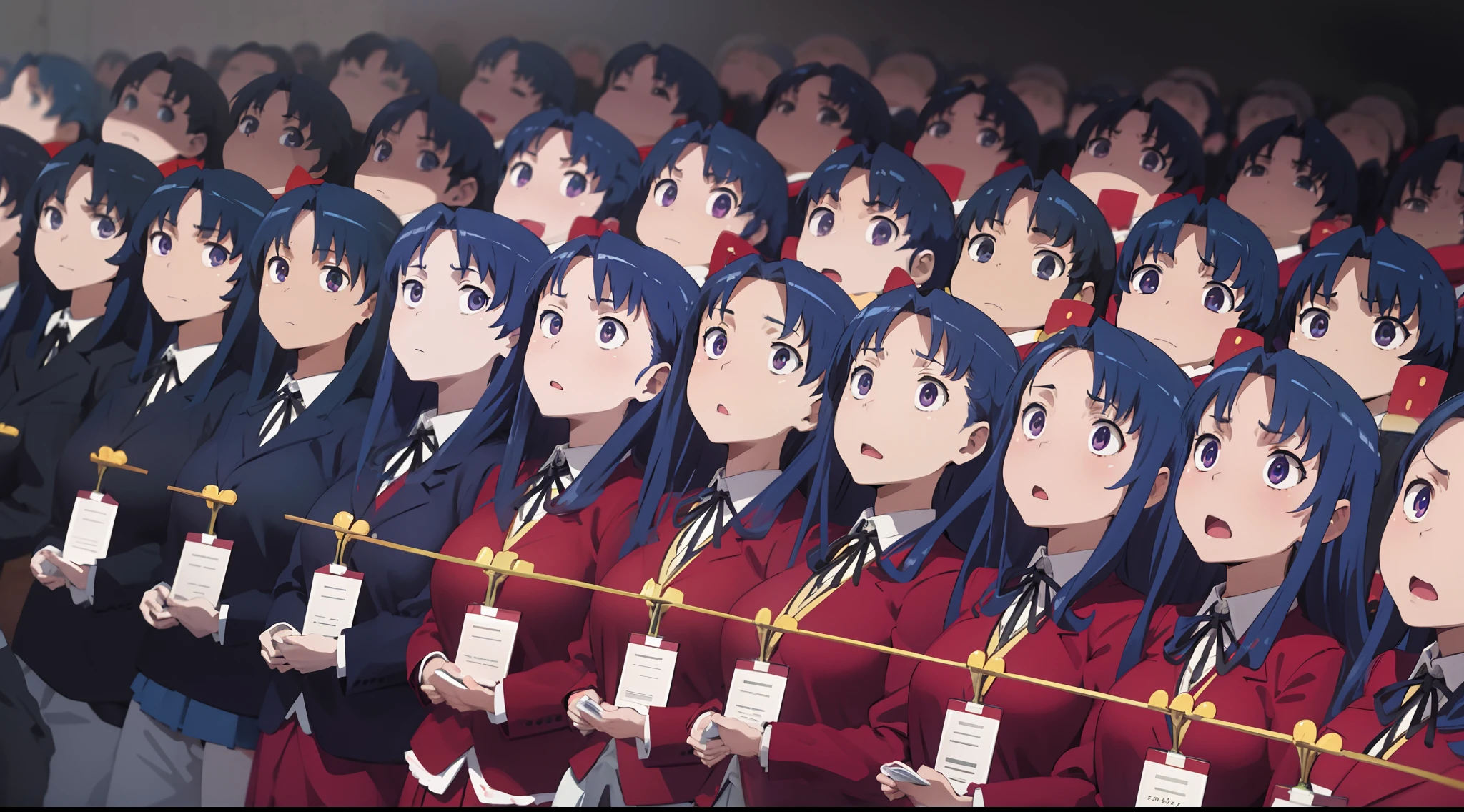 Masterpiece,best quality,ami kawashima, school uniform, red blazer, blue skirt, (thousands of, crowd of), multiple girls, crowd shot, identical sisters, clones, girls close together