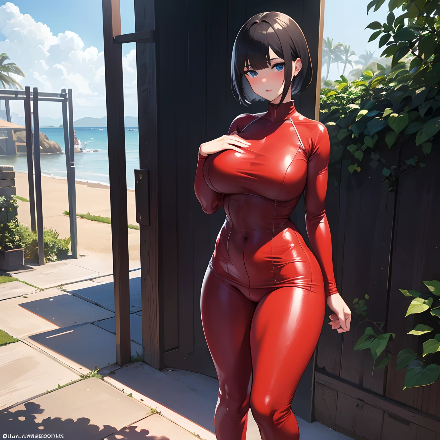 1girl, high resolution, masterpiece, extremely detailed, realistic, red bikini, soaking, standing up, looking at viewer, beach, raining, slender figure, (tight clothes:1.6), uncomfortable, (blushing), short black hair, bright blue eyes, (extremely tall:1.6)