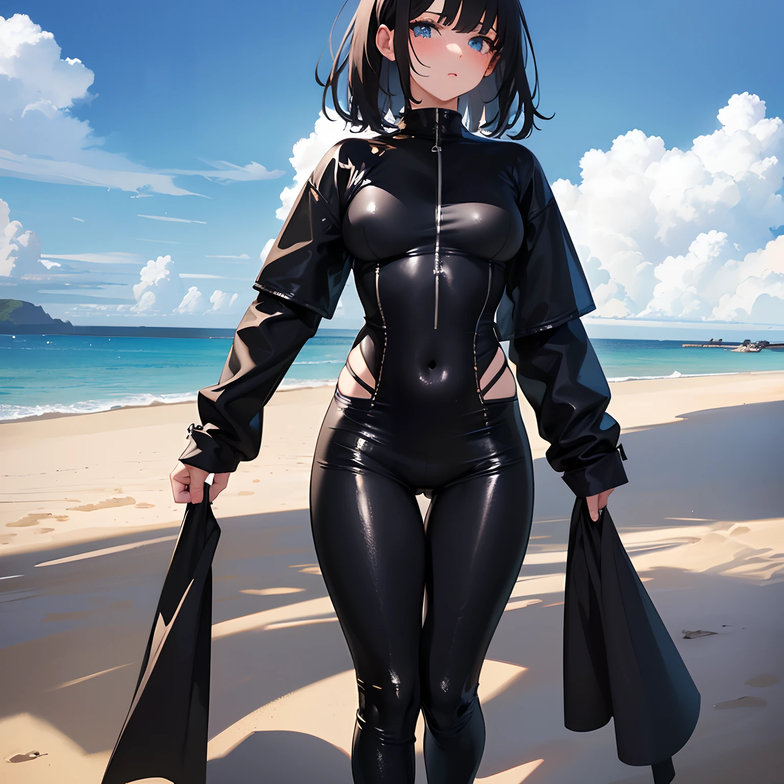 Anime, flat , (Ellen 18-years-old, short dark layered hair, Brown-eyed, small breast:1.0), hair clips 
Fantasy Rogue outfit, belt, spread legs, sitting, smirk , groin , fantasy seaside park 