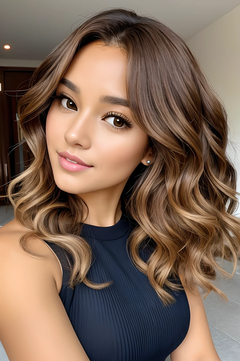 A woman with very curly brown hair with blonde highlights, brown eyes, a round face, and she is 40 years old.