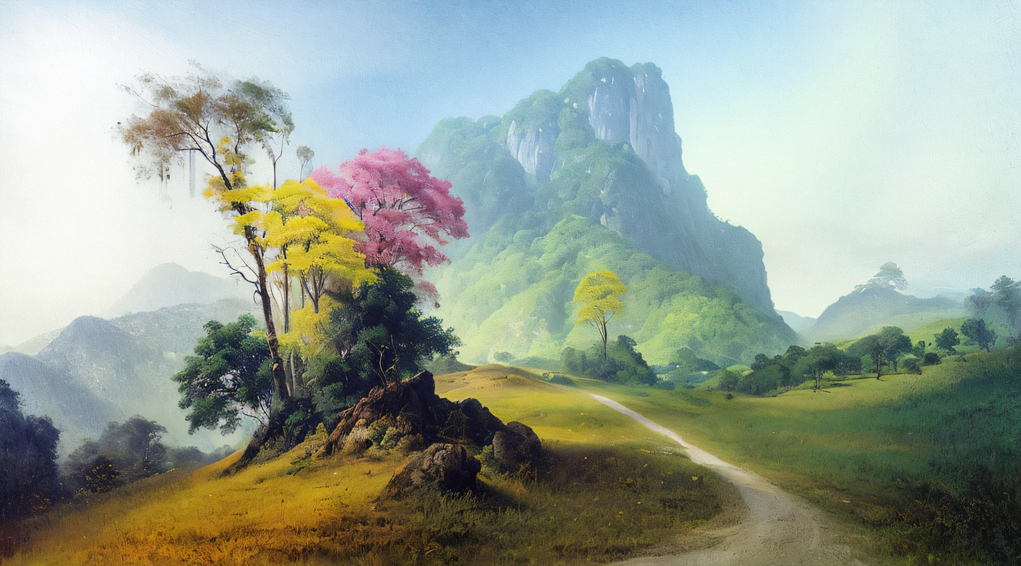 pintura que atravessa um vale verde exuberante com montanhas ao fundo, Colinas fluidas, 8k resolution digital painting, 8k resolution digital painting, Pintura Digital 4K, Pintura Digital 4K, pintura digital detalhada, baixo detalhamento. Pintura digital, Pintura Digital de Alto Detalhe, peaceful landscape, rio de janeiro, trees and hills, pintura detalhada 4K, Pintura Digital 4K