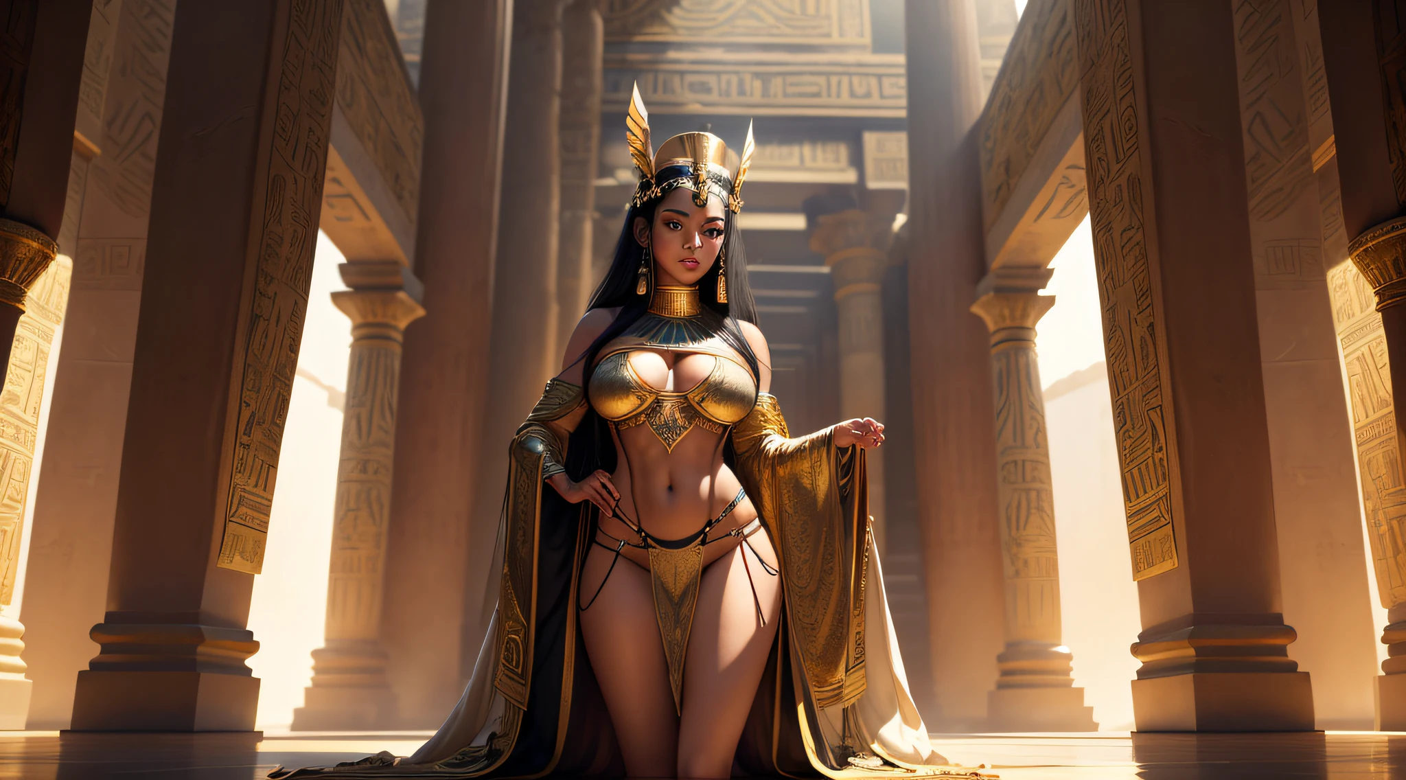 hyper realistic, ancient egyptian queen, (standing next to ancient egyptian throne made of gold inside egyptian temple), (wearing ancient egyptian headdress), (wearing flowing see through robes), (legs and thighs visible through slit in robe), extremely beautiful, commanding appearance, high detail, ultra-realistic photo, HDR, sharp, highly detailed real eyes and real lips, hyper maximalist textures, hyper-detail, detailed and intricate portrait, 8k, realistic, high definition, 4k, HD, real faces, cinema photography, real body, perfect body, perfect breast, tone body, perfect ass, sensual, intimate, realistic skin, black hair, very tanned skin, realistic hazel eyes, solo, 1 woman, (see through gold cloth halter top), (top too small), (see through thong, black and gold thong), side view, looking at camera, slaves bowing down in front of her