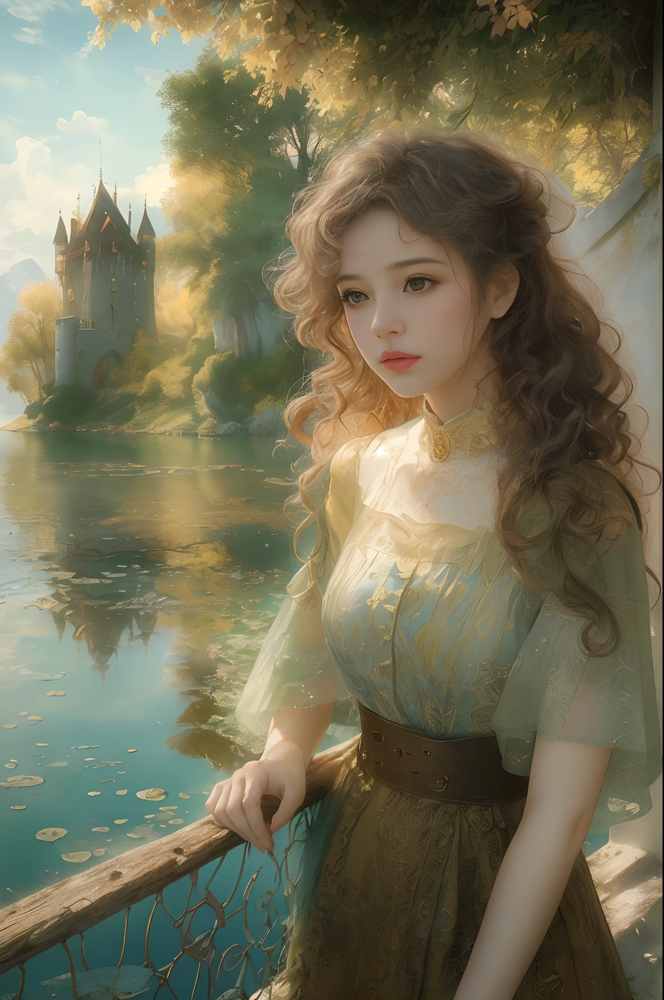 (best quality,4k,8k,highres,masterpiece:1.2),ultra-detailed,(realistic,photorealistic,photo-realistic:1.37),portraits,landscape,warm tones,soft lighting,craft,storytelling,serene atmosphere,tranquil,peaceful,reflections,girl,water's edge,old castle ruins,calm lake,horn,history,wonder,mysterious,ethereal,nostalgic,thoughtful expression,curly hair,feminine dress,blissful,daytime scene,golden sunlight,breathtaking view,rustic charm,worn-out textures,vibrant colors,fantasy,mythical,romantic vibe,sense of adventure,whimsical.