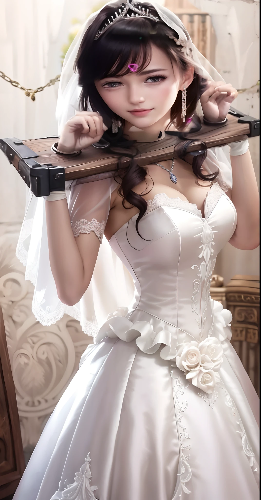 Close-up of a beautiful bride wearing a beautiful wedding dress, Gurwitz,(Pillory:1.5), (flail:1.2), flail on the head, flail on the hands,full body photo, whole body, (bridal veil: 1.5), (transparent short veil: 1.5), flushed face, head flower, tiara, Very detailed princess wedding dress,(tube wedding dress: 1.5), (silk dress: 1.2 ), (strapless wedding dress: 1.5), (floor length skirt:1.2), pure white dress,white long skirt, necklace, earrings, (huge breasts: 1.3), deep V heart-neck wedding dress, bangs, lipstick, (lace gloves: 1.3), high detail RAW Color art,