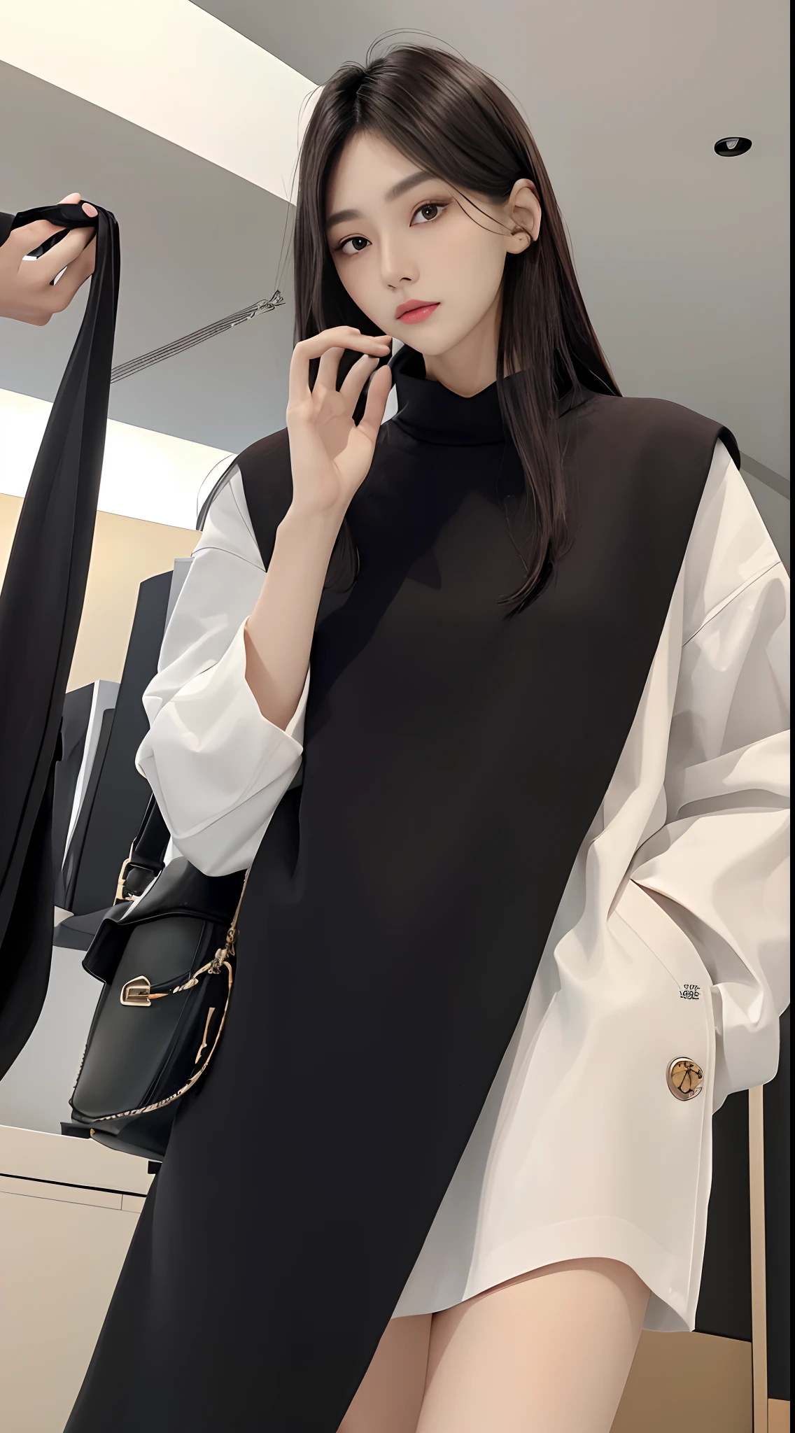 masterpiece、top-quality)、1 beutiful girl、Slim body、((Black and white plain clothes:1.1))、(Detailed beautiful eyes)、Walk around the store、((Boyish Brown Shorthair))、((Smaller face))、((Neutral face))、((Face seen from the side))、((Light brown eyes))、((Korean Girl))、((25-years old))、((cool lady))、((Wild look))、((Korean Makeup))、((elongated and sharp eyes))、((Dating))、((looking distantly))、((boyish))、((Focus on Face))