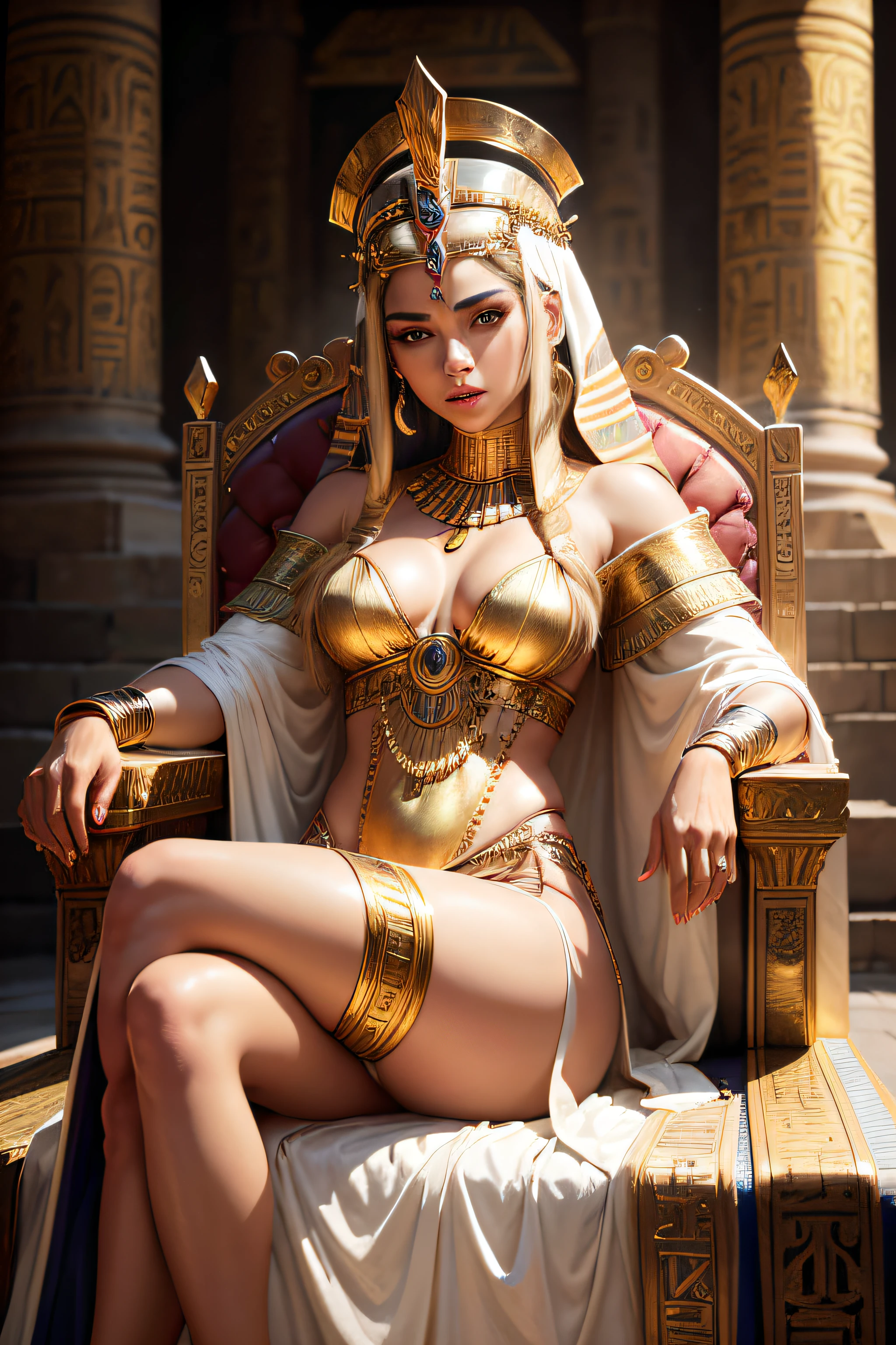 hyper realistic, ancient egyptian queen, sitting on ancient egyptian throne made of gold inside egyptian temple, wearing ancient egyptian headdress and transparent robes, legs crossed and thighs visible through slit in robe, extremely beautiful, commanding appearance, high detail, ultra-realistic photo, HDR, sharp, highly detailed real eyes and real lips, hyper maximalist textures, hyper-detail, detailed and intricate portrait, 8k, realistic, high definition, 4k, HD, real faces, cinema photography