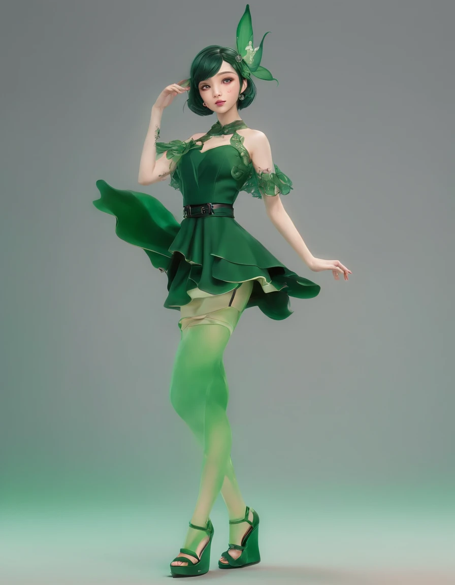 do anime no traje verde e preto nas asas e no fundo verde, Personagem Pixie, fada, fada da floresta, meninaador do inseto, duende morena com asas de fada, duende, cute 3d anime girl rendering, April Rendering, Fairy Dance, pernas abertas,salto alto vermelho