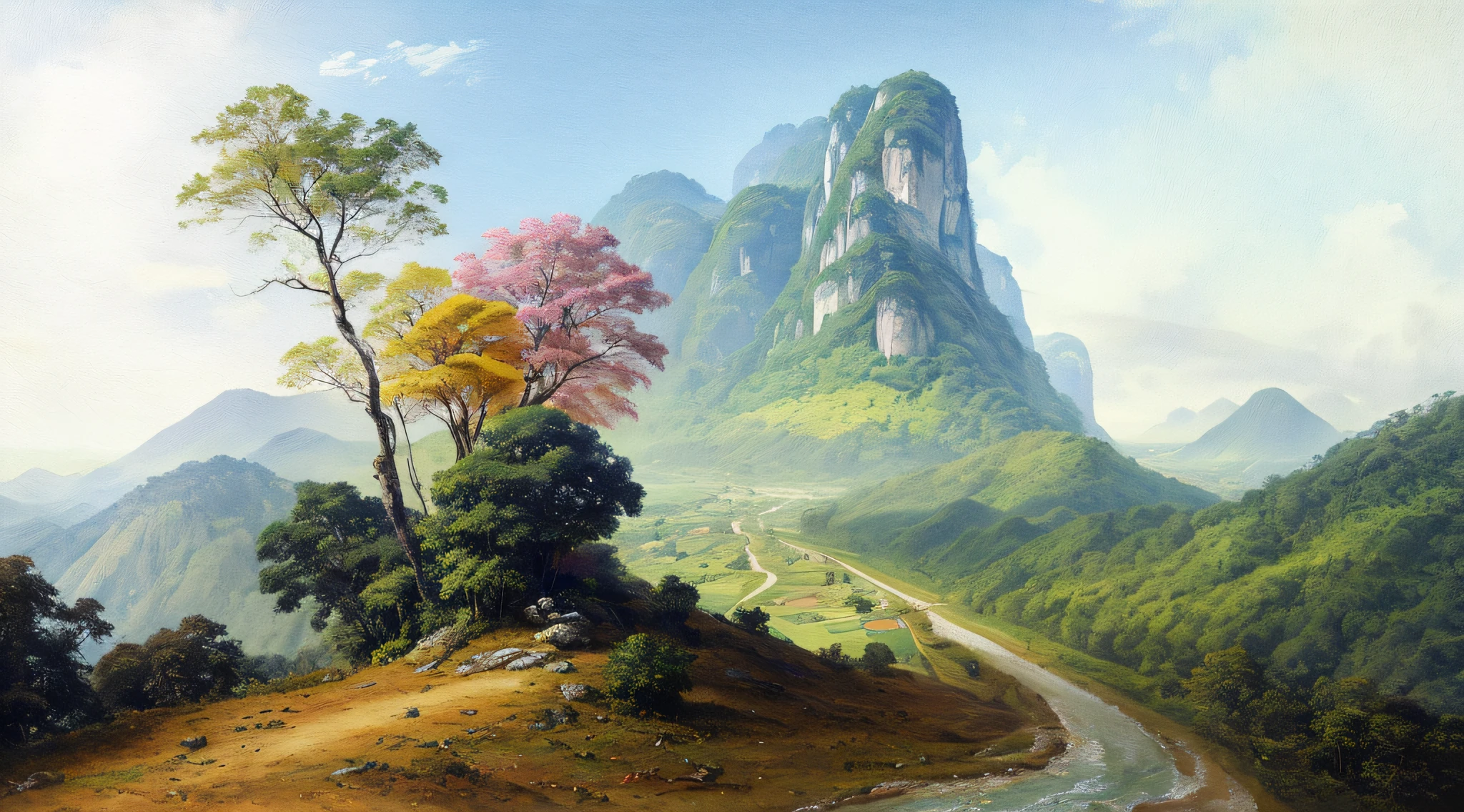 pintura que atravessa um vale verde exuberante com montanhas ao fundo, Colinas fluidas, 8k resolution digital painting, 8k resolution digital painting, Pintura Digital 4K, Pintura Digital 4K, pintura digital detalhada, baixo detalhamento. Pintura digital, Pintura Digital de Alto Detalhe, peaceful landscape, rio de janeiro, trees and hills, pintura detalhada 4K, Pintura Digital 4K