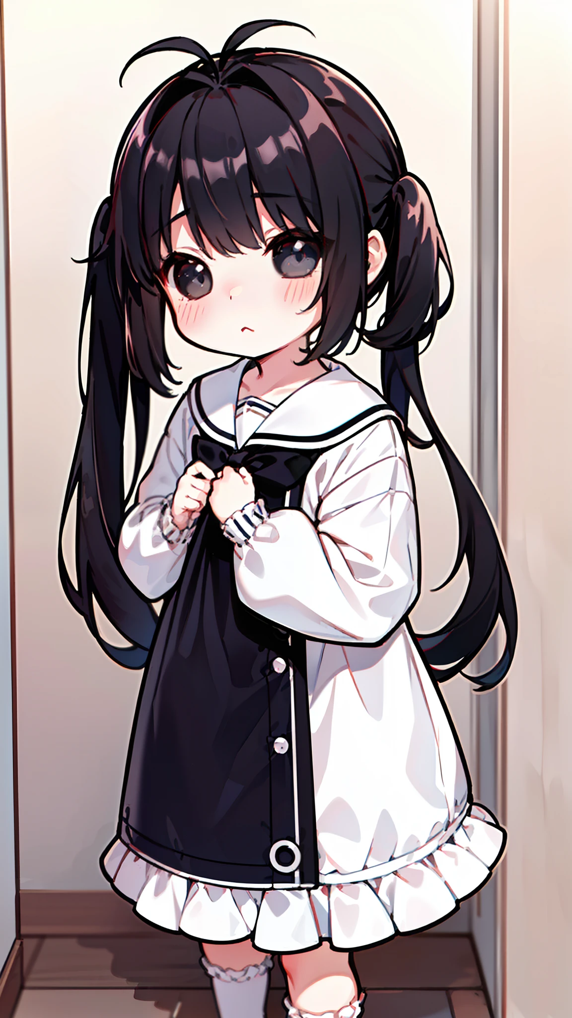 (Original Character,8k, Masterpiece, Best Quality,Detailed, Beautiful Detailed Eyes, solo),((1loli girl,4 )),small,white outfit,black hair,long hair,(((hair 2antenna))),black eyes,black sclera,twintails,loli,solo,cute,(inside a house hiding),shy,blush,