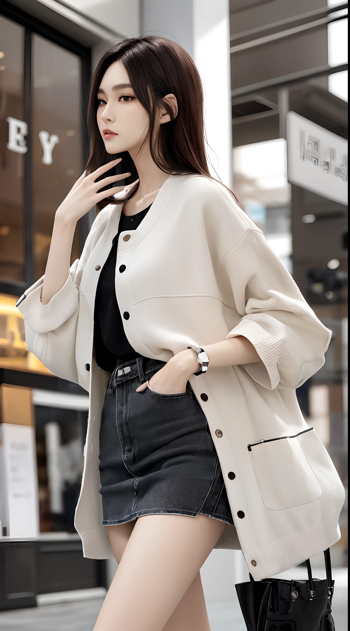 masterpiece、top-quality)、1 beutiful girl、Slim body、((Black and white plain clothes:1.1))、(Detailed beautiful eyes)、Walk around the store、((Boyish Brown Shorthair))、((Smaller face))、((Neutral face))、((Face seen from the side))、((Light brown eyes))、((Korean Girl))、((25-years old))、((cool lady))、((Wild look))、((Korean Makeup))、((elongated and sharp eyes))、((Dating))、((looking distantly))、((boyish))、((Focus on Face))