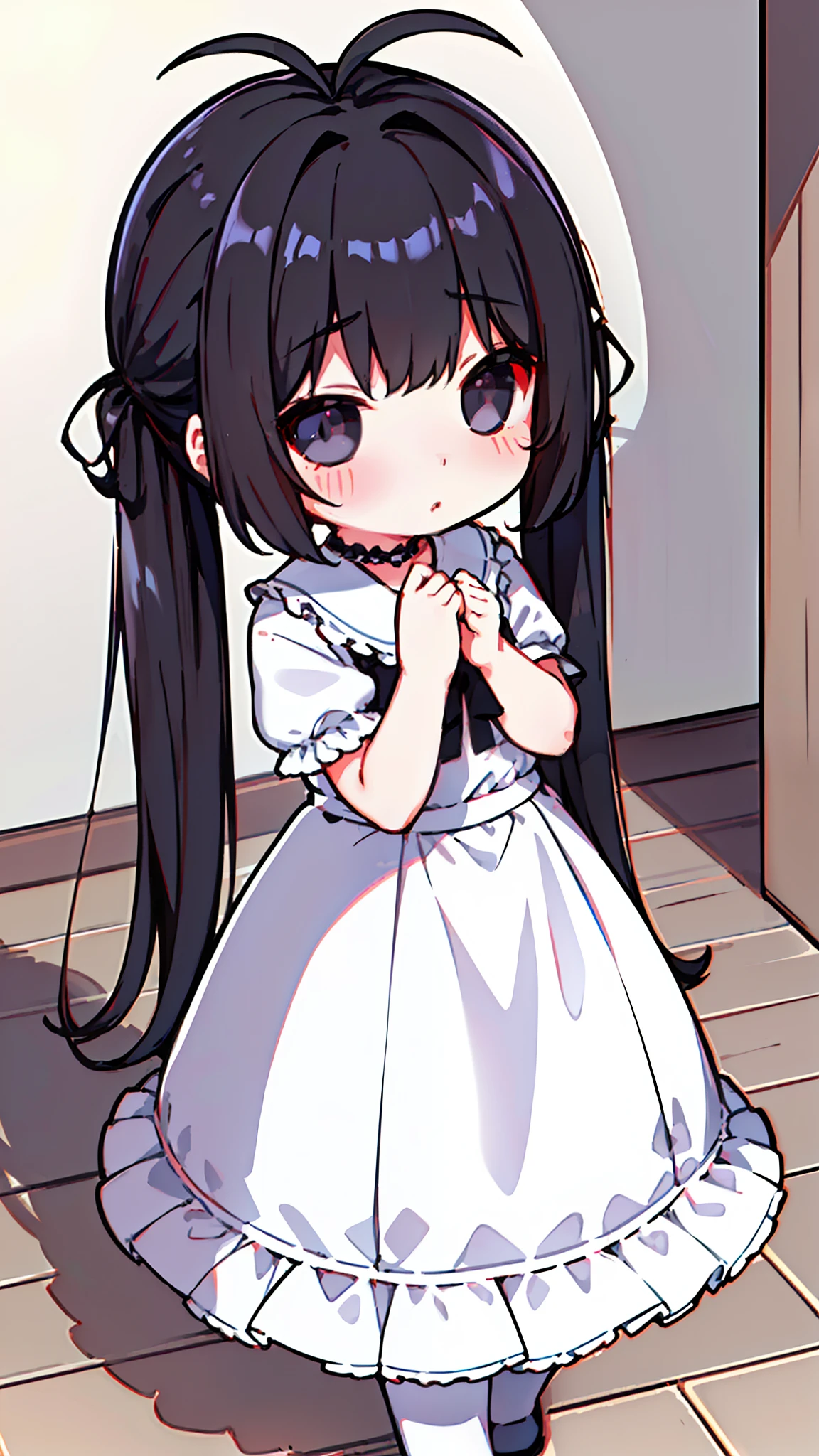 (Original Character,8k, Masterpiece, Best Quality,Detailed, Beautiful Detailed Eyes, solo),((1loli girl,4 )),small,white outfit,black hair,long hair,(((hair 2antenna))),black eyes,black sclera,twintails,loli,solo,cute,(inside a house hiding),shy,blush,