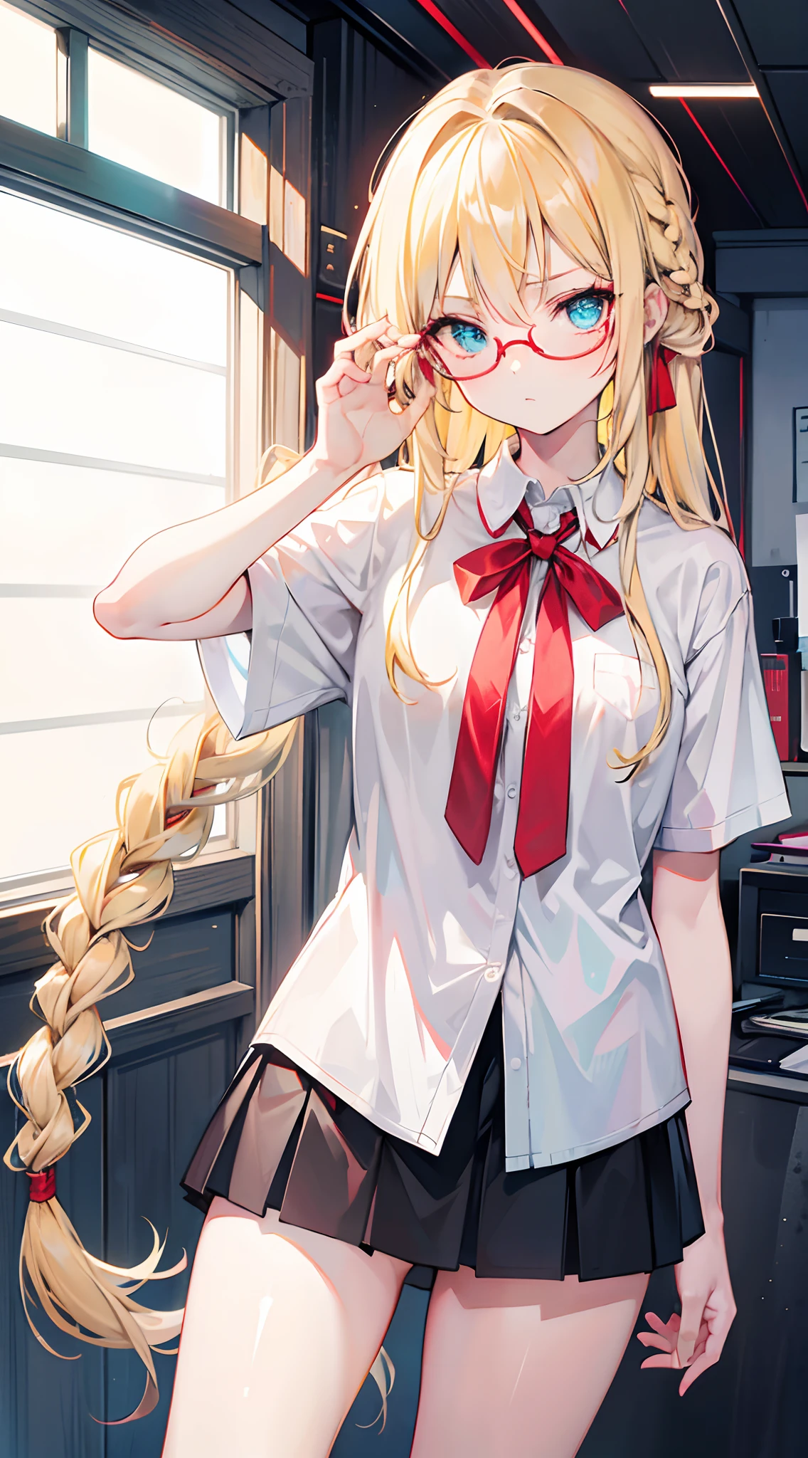 18-year-old blonde, Turquoise eyes, long-haired, Left Braid,Very red-faced.., eyeglasses.. Wear a white shirt., Black miniskirt.