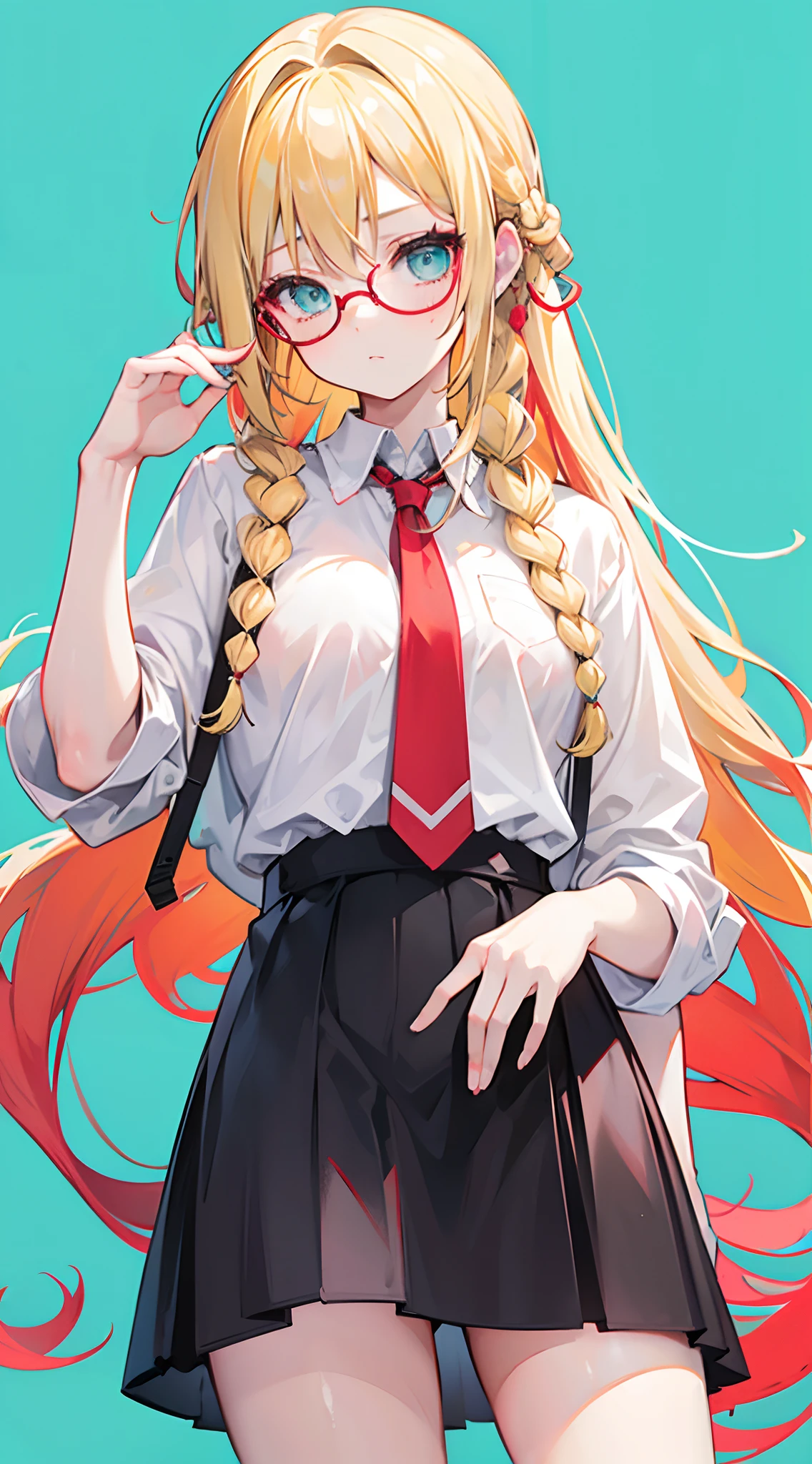 18-year-old blonde, Turquoise eyes, long-haired, Left Braid,Very red-faced.., eyeglasses.. Wear a white shirt., Black miniskirt.
