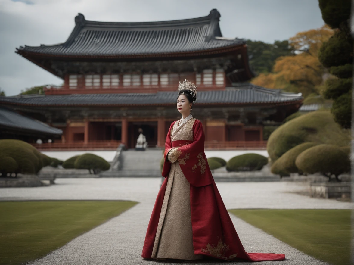 beautiful, masterpiece, best quality, extremely detailed face,  perfect lighting, Japanese Queen, Japanese Imperial, Japanese Empress, Royalty, Royal attire, Portrait, inside of Japanese palace in background