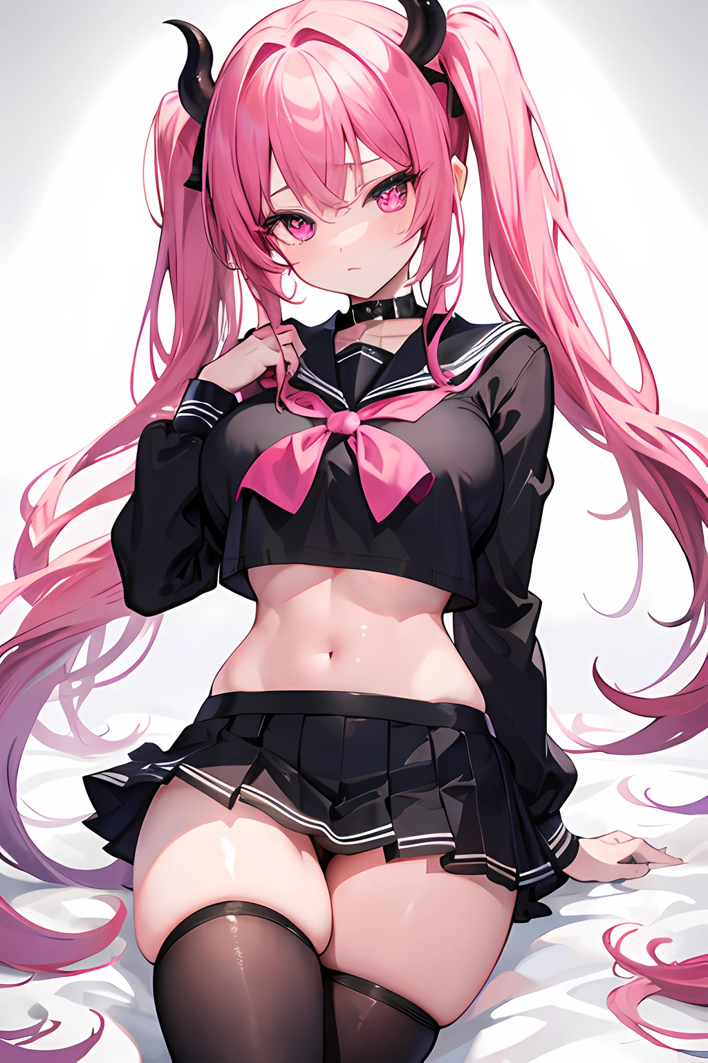 beautiful, succubus, girl, pink twin tails, pink luminous eyes,
BREAK,
(big round breasts, slim, thick:1.3 thighs),
BREAK,
black sailor crop top uniform, blackthigh-highs