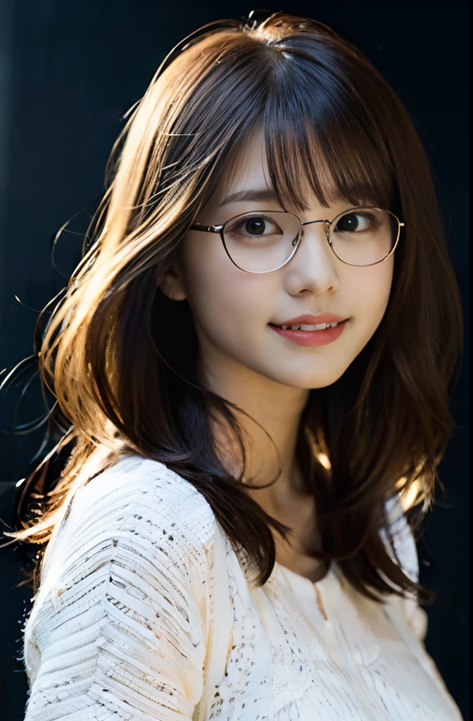 Whole human body、eye glass、vocalist、20yr old、(real picture、Realistic、in 8K、Raw photography、top-quality、masterpiece:1.2)、(realisitic、Photorealsitic:1.37)、ultra-detailliert、超A high resolution、1人、see the beholder、beautifull detailed face、Smile like a girl、Constriction、(Slim waist) :1.3)、white clothes、Beautiful detailed skin、Skin Texture、Floating hair、Professional Lighting、suburb、Black square glasses 、
