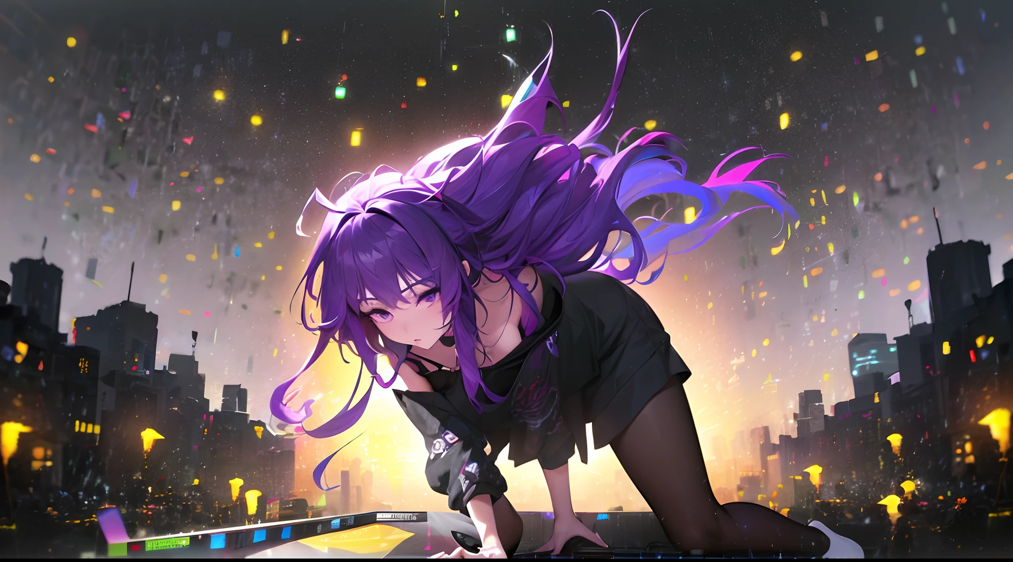 (((masterpiece))), (((best quality))), ((ultra-detailed)), (highly detailed CG illustration), ((an extremely delicate and beautiful)), ((Wearing casual clothes:1.5)),A beautiful girl DJ wears a vinyl record player on a sci-fi DJ table,cyberpunk, (The upper part of the body:1.2), In a lively discotheque,Punk girl, neon ring in background, cyberpunk art style, cyberpunk style, cyberpunk style, cyberpunk character, hyper-realistic cyberpunk style, cyberpunk color, powerful lighting, motion synchronization, dynamism, charged energy, hot action, dark night time, center composition, symmetrical composition, ((dark night:1.5)), dark neon, ((dark night:1.7)), extremely detailed, ((long shot)),((pitch black all around:1.7)), (dark puple:1.7),neon purple city, ((cyber city:1.2)), high detailed face anime, detailed anime face
