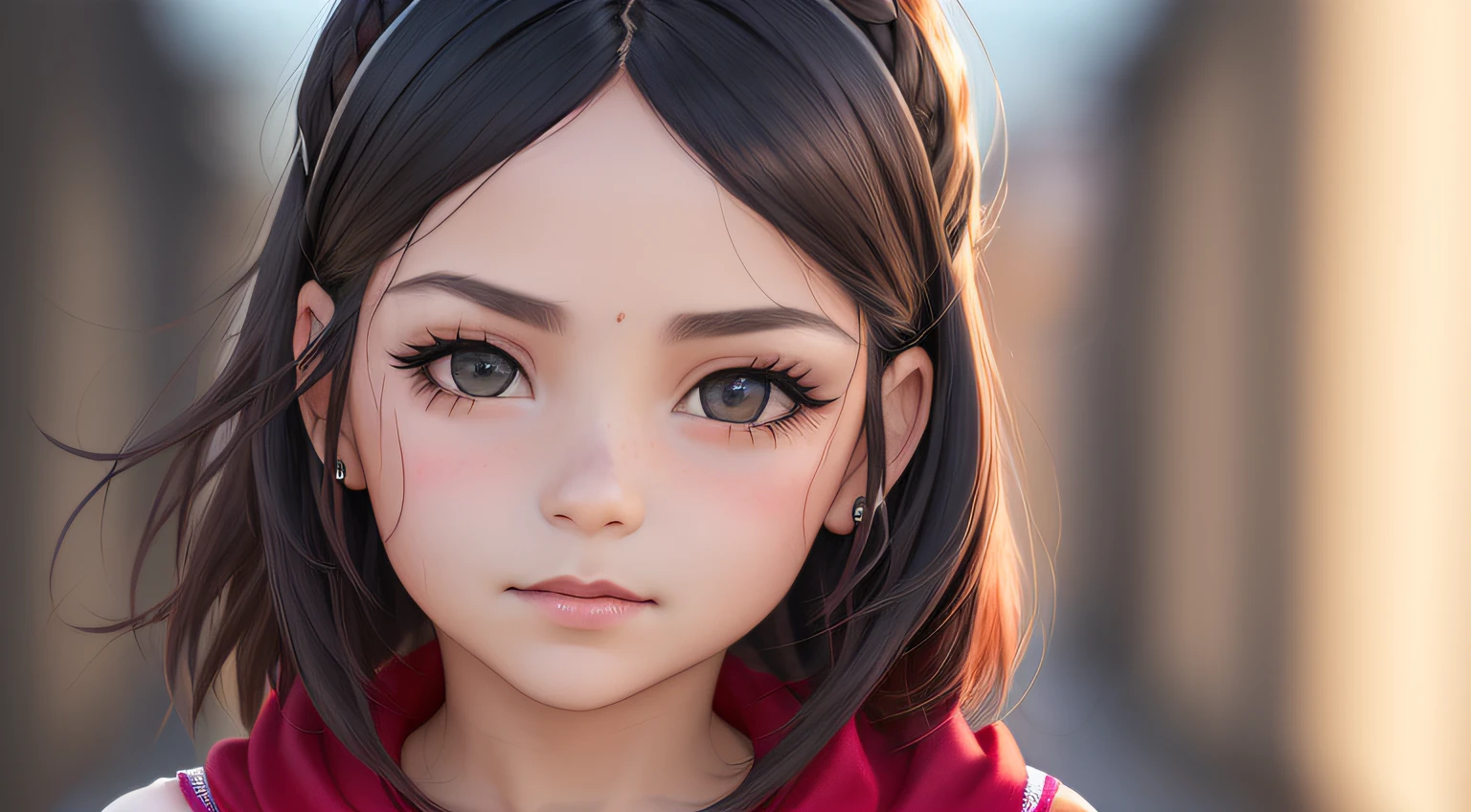 beautiful little girl, Retrato de medio cuerpo, Cabello largo y despeinado rojo brillante, sombra de ojos negra, (Ropa de estilo urbano:1.2), (Antecedentes de la ciudad:1.2), maquillaje oscuro, Arte digital, tendencias en Artstation, Altamente detallado, Detalle fino, intrincado, Hermoso brillo detallado, Detallado, cinematiclight, Altas Resoluciones, Detailed facial features,foco nítido, Suave, aesthetic, estilo santa muerte