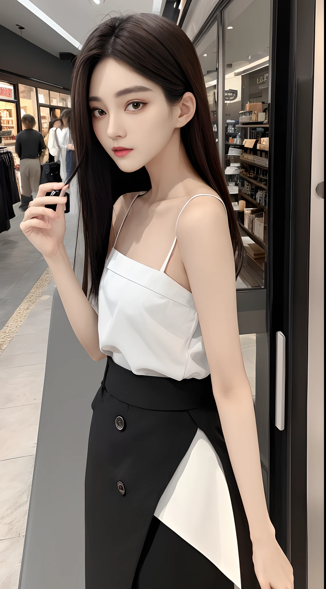 masterpiece、top-quality)、1 beutiful girl、Slim body、((Black and white plain clothes:1.1))、(Detailed beautiful eyes)、Walk around the store、((Boyish Brown Shorthair))、((Smaller face))、((Neutral face))、((Face seen from the side))、((Light brown eyes))、((Korean Girl))、((25-years old))、((cool lady))、((Wild look))、((Korean Makeup))、((elongated and sharp eyes))、((Dating))、((looking distantly))、((boyish))、((Focus on Face))