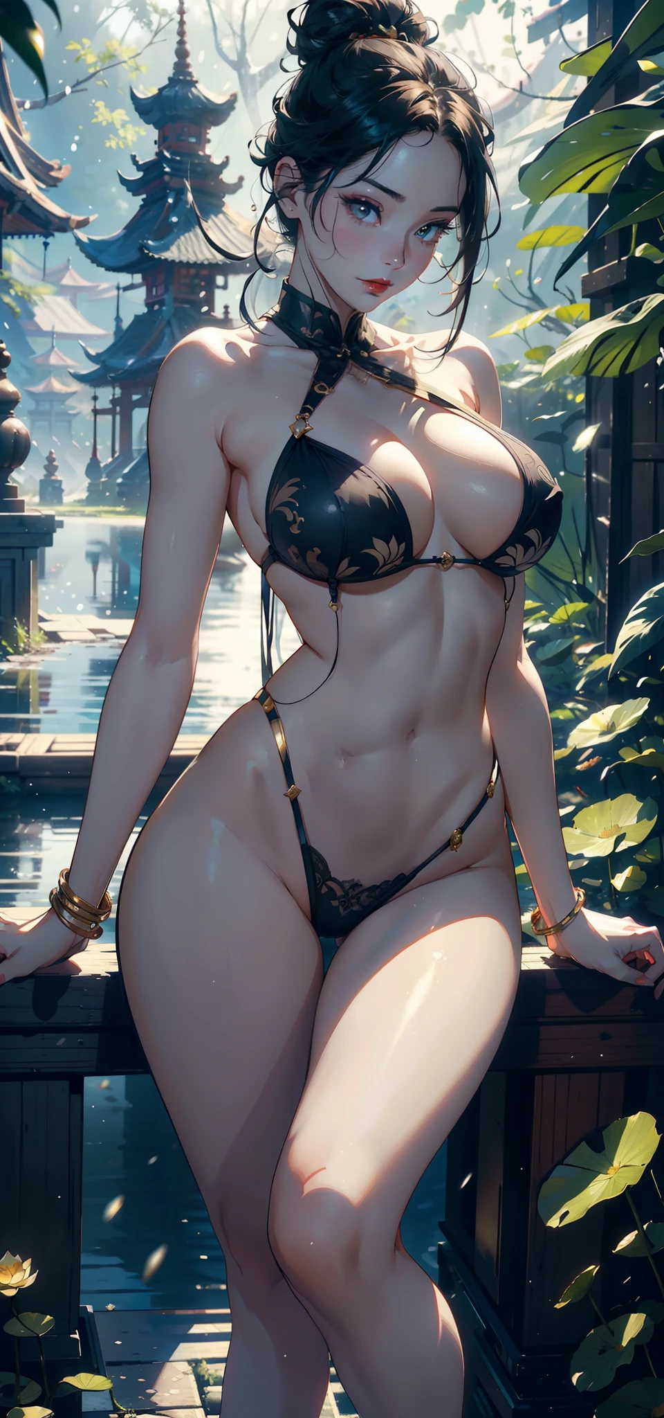 1female，35yo，plumw，extremely large ?????，Big breasts Thin waist，Long legs， 独奏，（Background with：coniferous forest，lotus flower，Ground area water，at winter season，icey，snow cover），legs are open，Bare genitalia，Bare ， She has short black hair，Stand on a huge lotus leaf，seen from the front， single hair bun， mostly cloudy sky，（（（tmasterpiece），（Very detailed CG unity 8K wallpaper），best qualtiy，cinmatic lighting，detailed back ground，beatiful detailed eyes，Bright pupils，Black eyes，Snow-whiteskin，Redlip（Very fine and beautiful），（Beautiful and detailed eye description），ultra - detailed，tmasterpiece，））facing at camera，A high resolution，ultra - detailed），revealing breasts，Bare genitalia，  Bulge，legs are open，Raised sexy，Camel toes，Flushed complexion，Desire for dissatisfaction，frontage，nakeness，Gold Saint Seiya