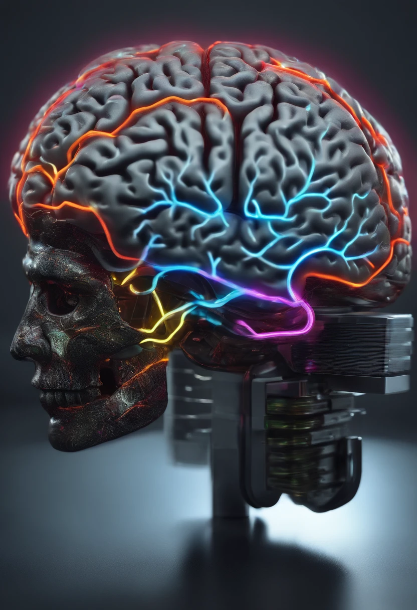 A highly detailed brain, electronic medium with neons and half real gray