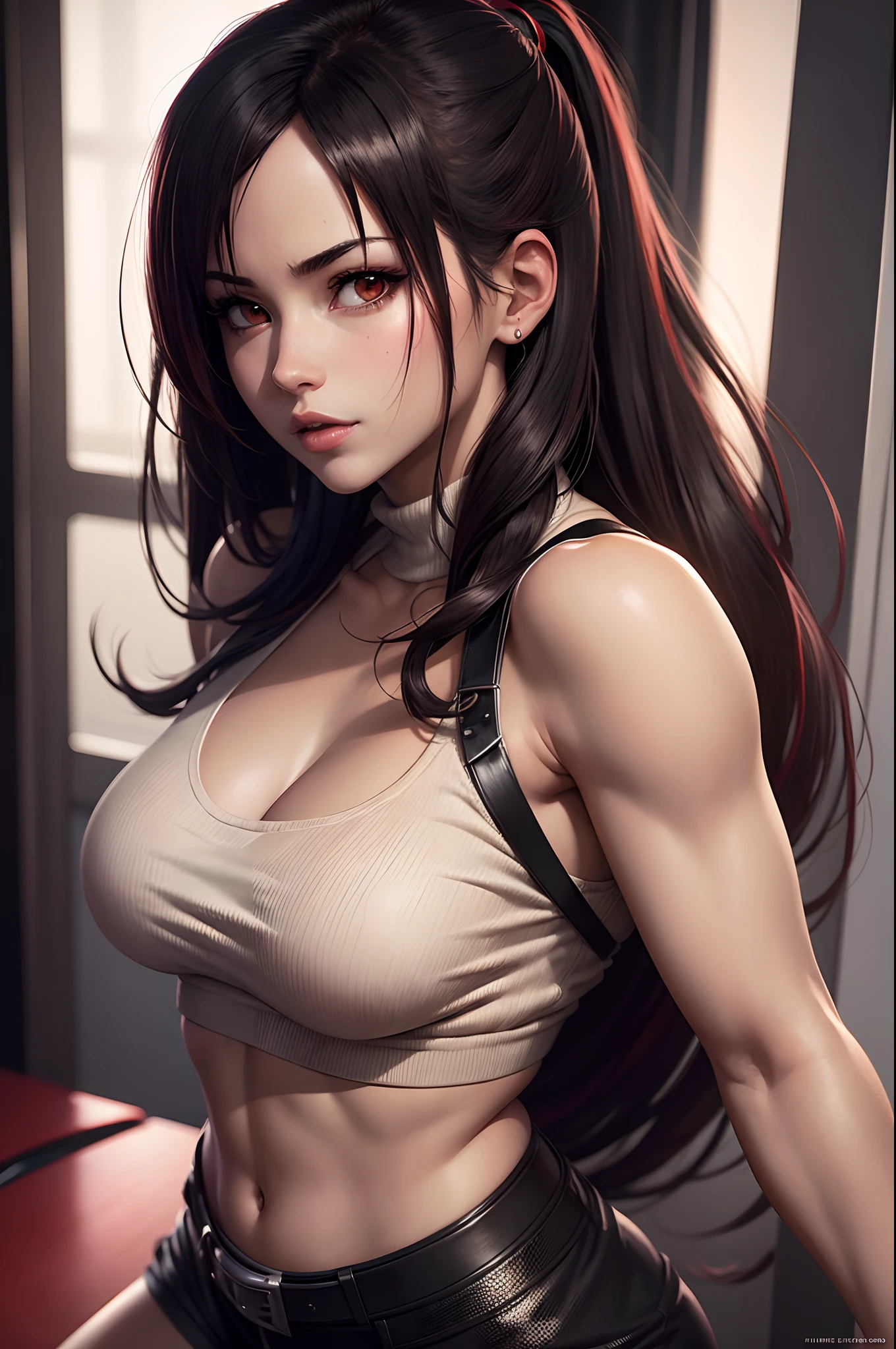 Anime girl in red sweater, Retrato de Tifa Lockhart, Fanart exquisito altamente detallado, seductor retrato de Tifa Lockhart, Retrato de Tifa Lockhart, Tifa Lockhart, faye valentine, Tohsaka also., Tifa, Fanart de alta calidad, Tifa Lockheart, artgerm extremadamente detallado, fanart detallado, protagonista femenina