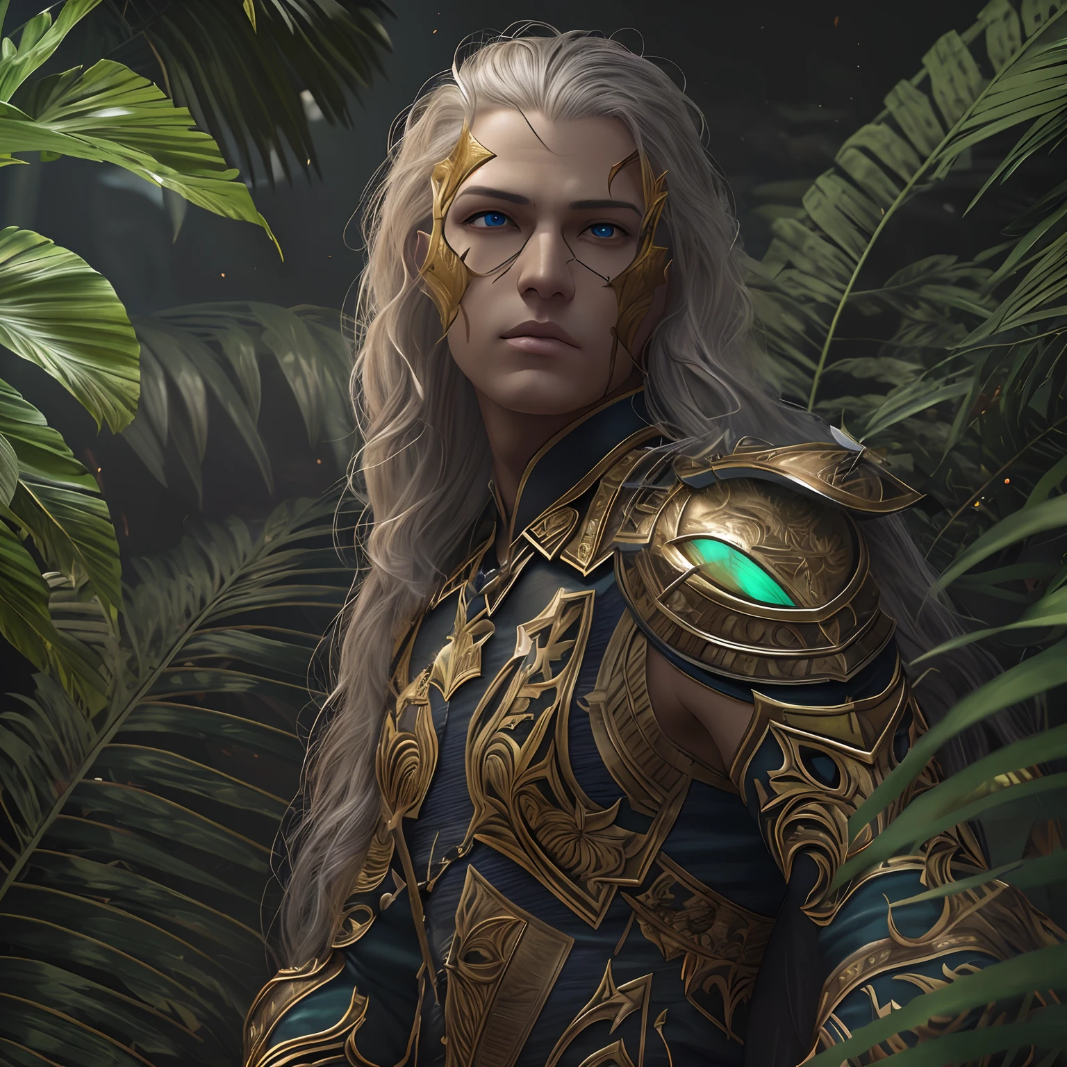 tmasterpiece,best qualtiy,cinematic ligh,offcial art,Propaganda art, wallpapers,Very detailed CG unified 4k wallpaper,Complicated details,The upper part of the body,,giant monstera leaves around,The human protagonist has a hideous face,Hold a heavy sword in both hands,spakles bokeh,mech amour,Clothes texture ultra-detailed,Lots of patterns,(illustratio:1.1)muscle men,a dark tanned skin,Tree BREAK making art,(Warm light source:1.2),long and flowing hair,strong winds,Orange eyes,Visible nipple。Photorealistic and realistic