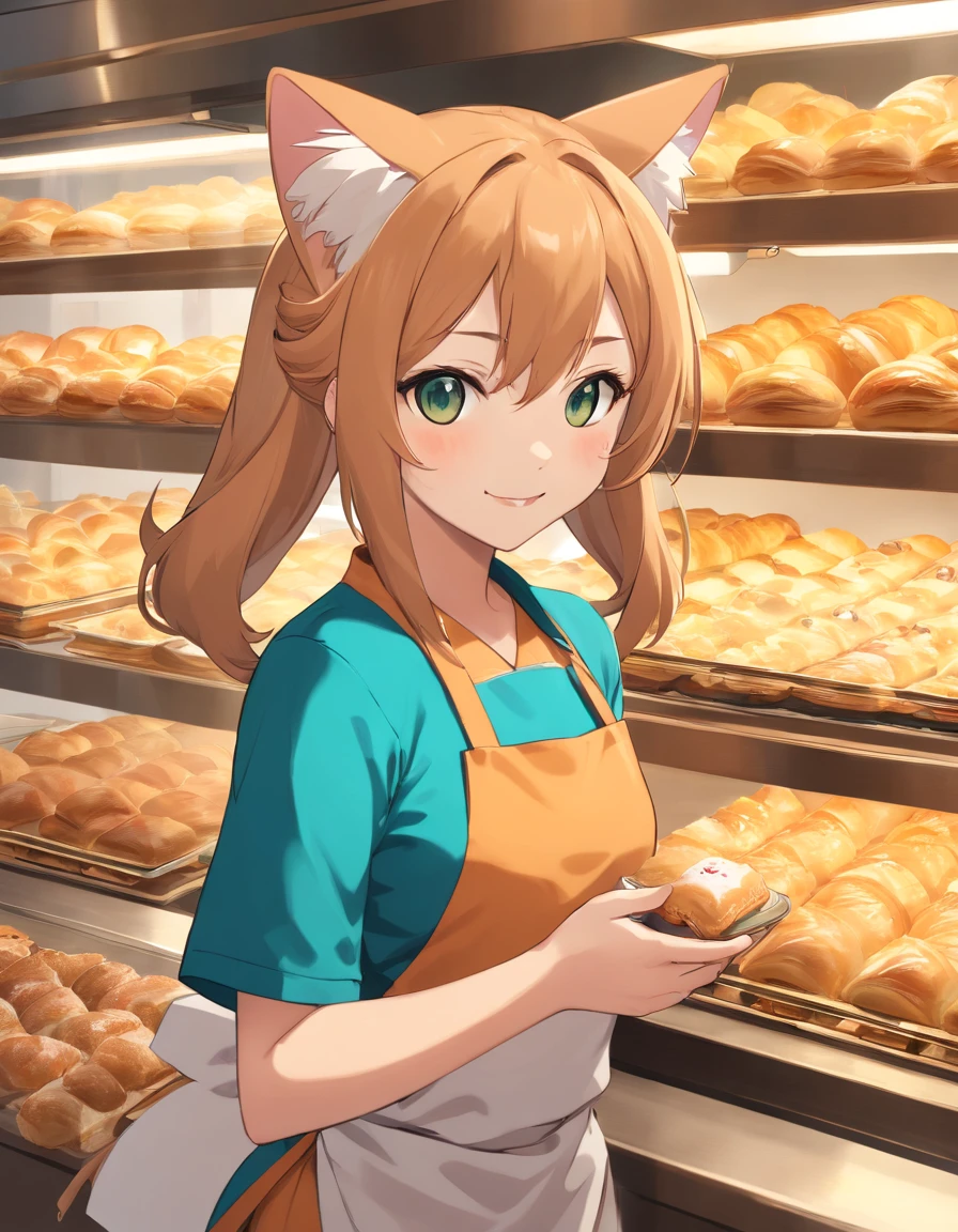 ((Nekomimi)),((O beisebol tem)),((Uniformes de beisebol sem mangas)),Um padeiro talentoso que forma meticulosamente a melhor massa para doces escamosos. The image is、It shows a well-equipped bakery with stainless steel countertops and a set of baking tools. padeiro, Jovem com sorriso radiante々Mulher Shishi, Estenda a massa com um rolo de madeira, Show your experience. The aroma of baked goods fills the air. In the background、Trays of golden croissants and delicately woven Danish sweets are refrigerated on shelves. This photo is、Encapsulates the precision and skills required for the art of pastry making. Fotografado:Claire Ptak, Um renomado chef confeiteiro especializado em ingredientes naturais e sazonais