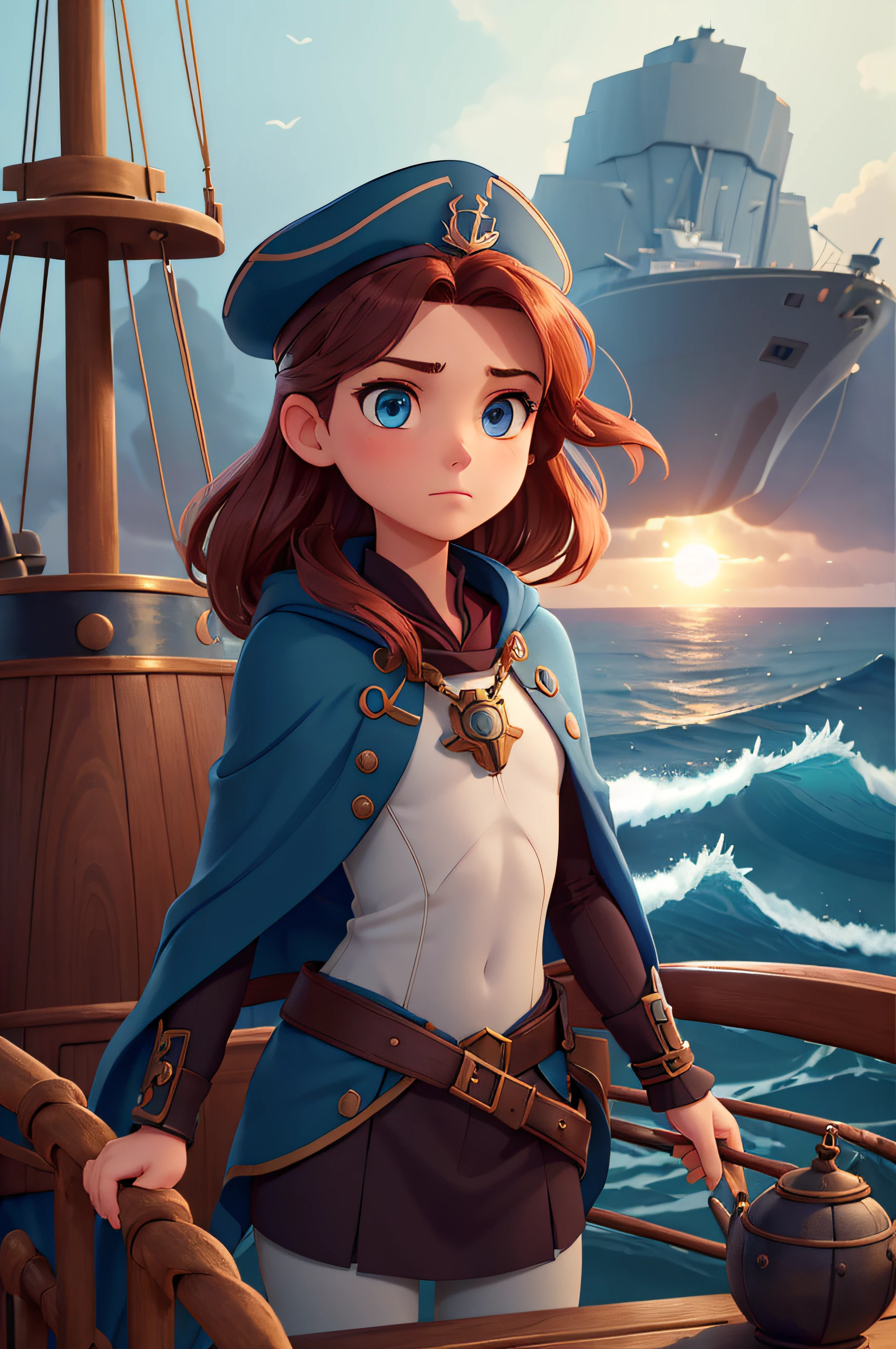 (A small chest:1.3),(masterpiece, best quality:1.4), (beautiful, aesthetic, perfect, delicate, intricate:1.2), 1 girl, adult (elven:0.7) woman, light blue eyes, copper half-up half-down hairstyle, solo, upper body, looking down, detailed background, ship captain, serious, dark red captain uniform, elegant cloak, captain hat, decorations, dynamic pose, on deck of ship, anchor, waves on the horizon, dawn, dramatic lighting, epic atmosphere,