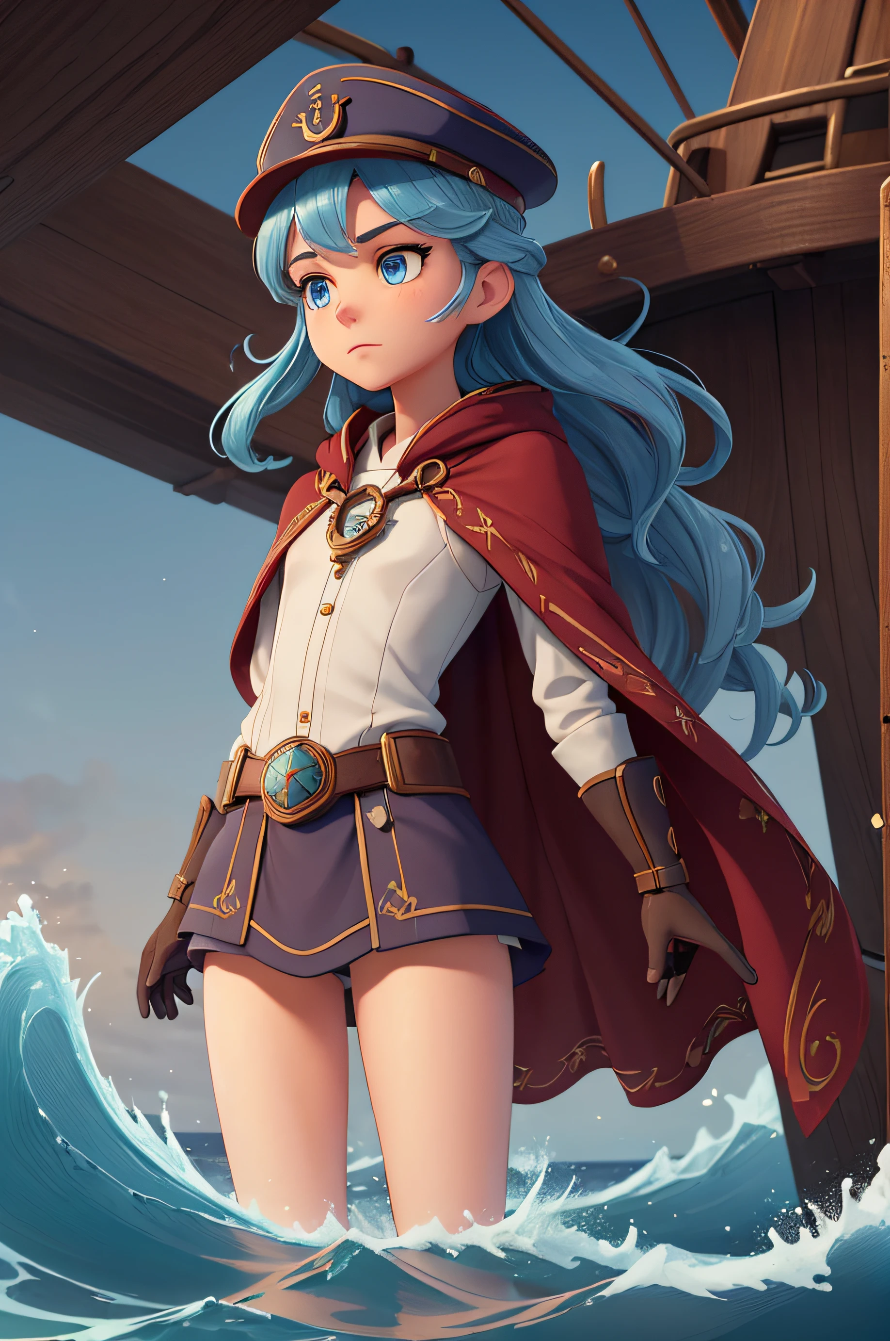 (A small chest:1.3),(masterpiece, best quality:1.4), (beautiful, aesthetic, perfect, delicate, intricate:1.2), 1 girl, adult (elven:0.7) woman,  light blue eyes, copper half-up half-down hairstyle, solo, upper body, looking down, detailed background, ship captain, serious, dark red captain uniform, elegant cloak, captain hat, decorations, dynamic pose, on deck of ship, anchor, waves on the horizon, dawn, dramatic lighting, epic atmosphere,