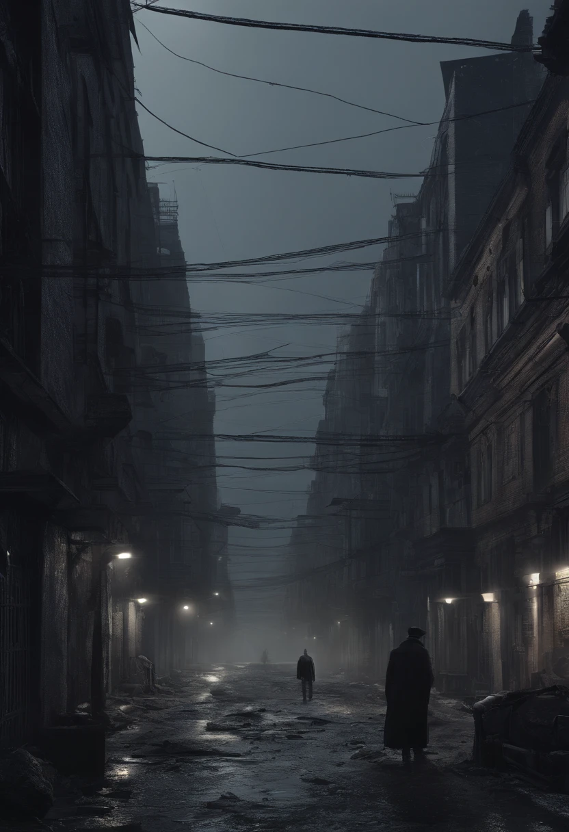 Gloomy night,Fuertes aguaceros cayeron。completamente realista, Full high resolution, bien hecho,rico en detalles, gentes corriendo, Ghosts behind the people.