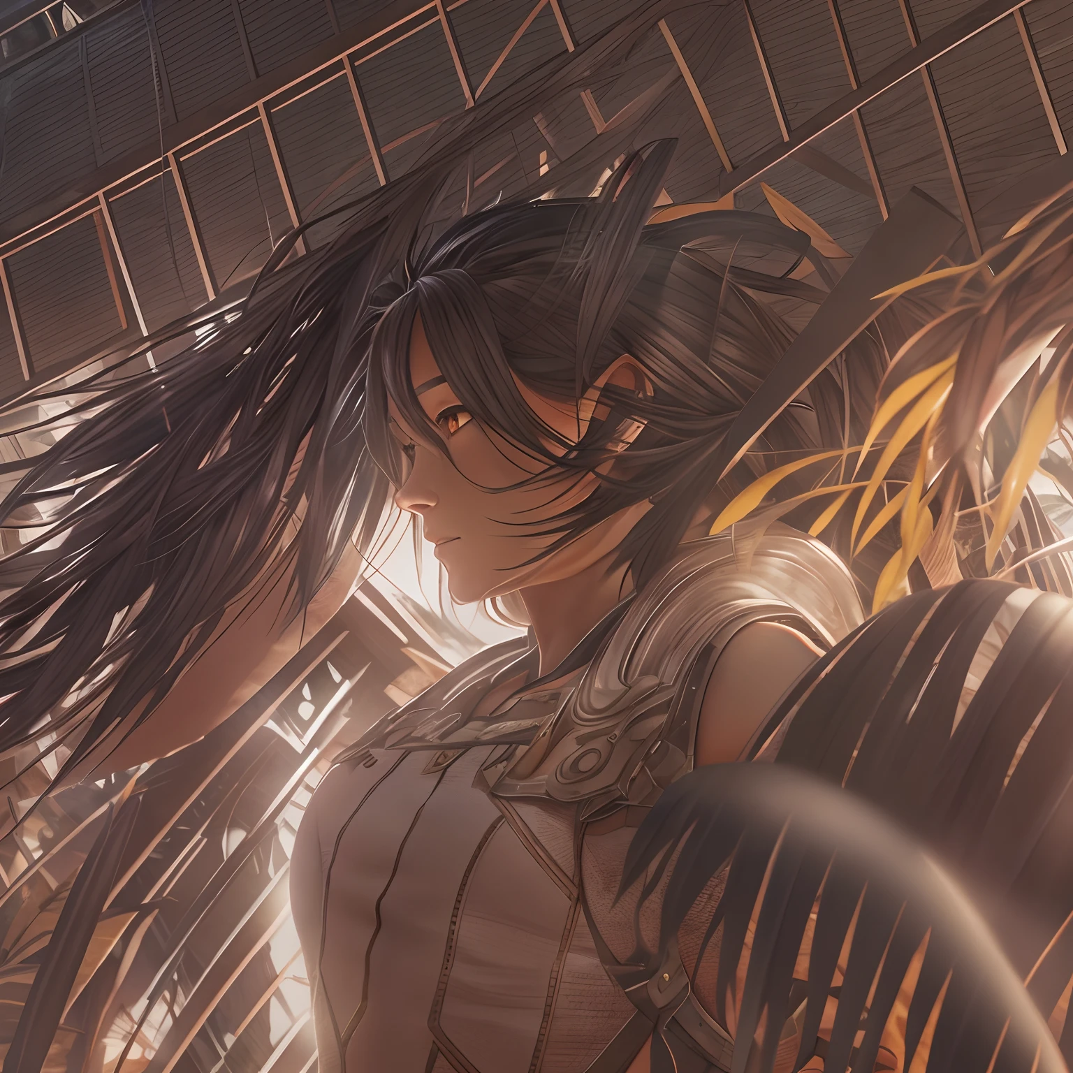 tmasterpiece，best qualtiy，cinematic ligh，offcial art，Propaganda art， wallpapers，Very detailed CG unified 4k wallpaper，Complicated details，The upper part of the body，，giant monstera leaves around，The human protagonist has a hideous face，Hold a heavy sword in both hands，spakles bokeh，mech amour，Clothes texture ultra-detailed，Lots of patterns，（illustratio：1.1）muscle men，a dark tanned skin，Tree BREAK making art，（Warm light source：1.2），long and flowing hair，strong winds，Orange eyes，Visible nipple。Photorealistic and realistic