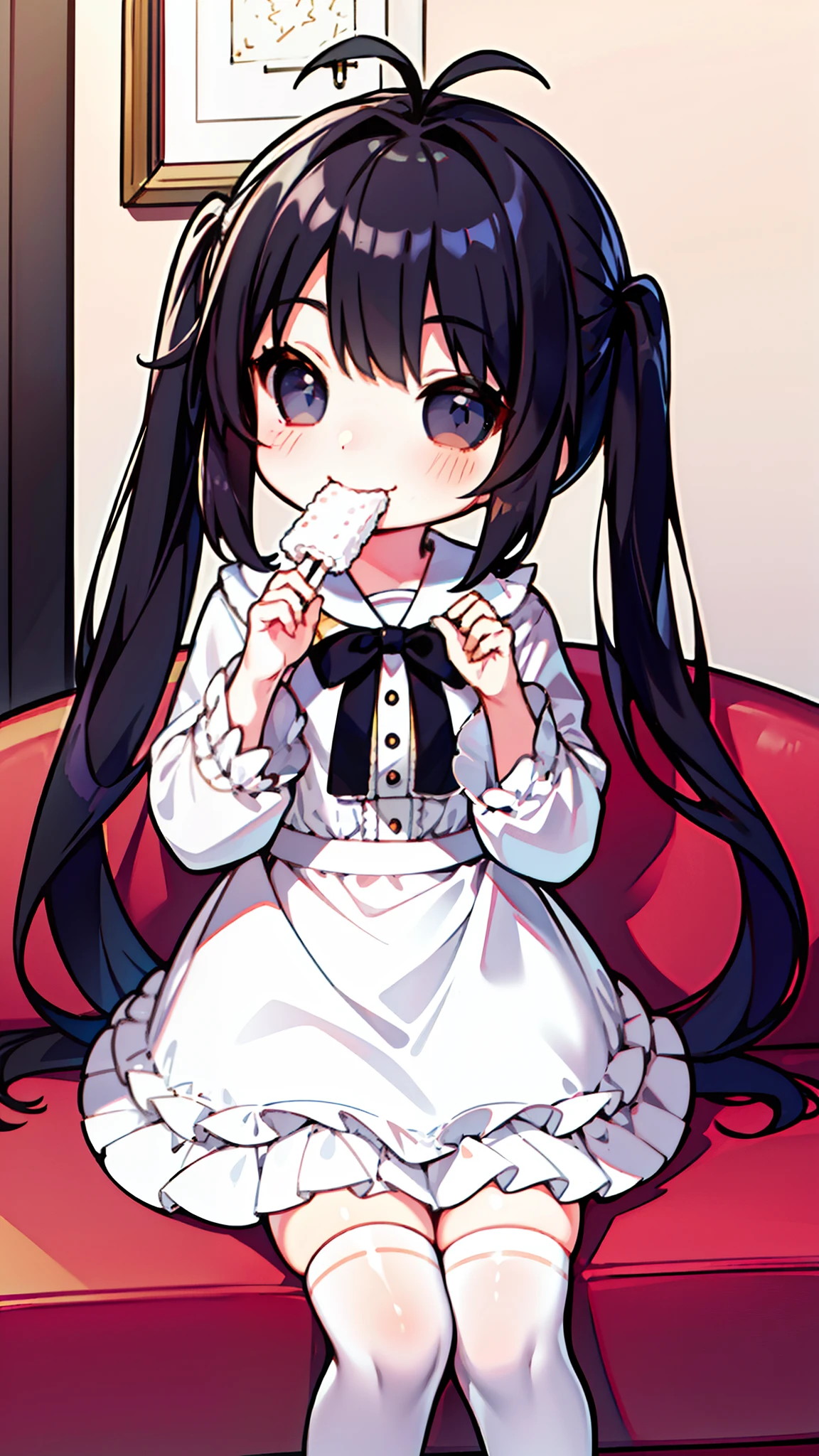(Original Character,8k, Masterpiece, Best Quality,Detailed, Beautiful Detailed Eyes, solo),((1loli girl,4 )),small,white outfit,black hair,long hair,(((hair 2antenna))),black eyes,black sclera,twintails,loli,solo,cute,(inside a room sitting on a sofa eating a sweet),smile,blush,