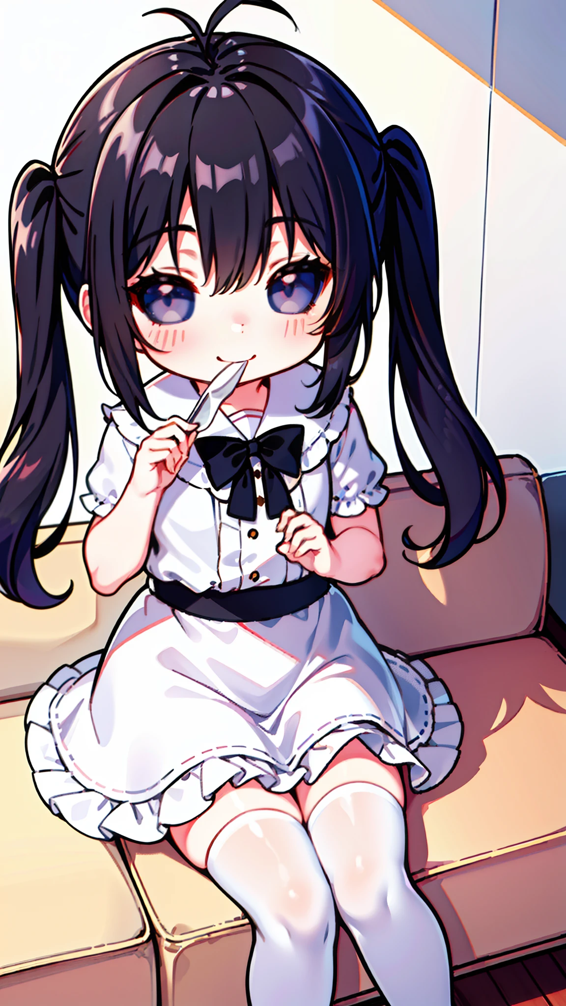 (Original Character,8k, Masterpiece, Best Quality,Detailed, Beautiful Detailed Eyes, solo),((1loli girl,4 )),small,white outfit,black hair,long hair,(((hair 2antenna))),black eyes,black sclera,twintails,loli,solo,cute,(inside a room sitting on a sofa eating a sweet),smile,blush,