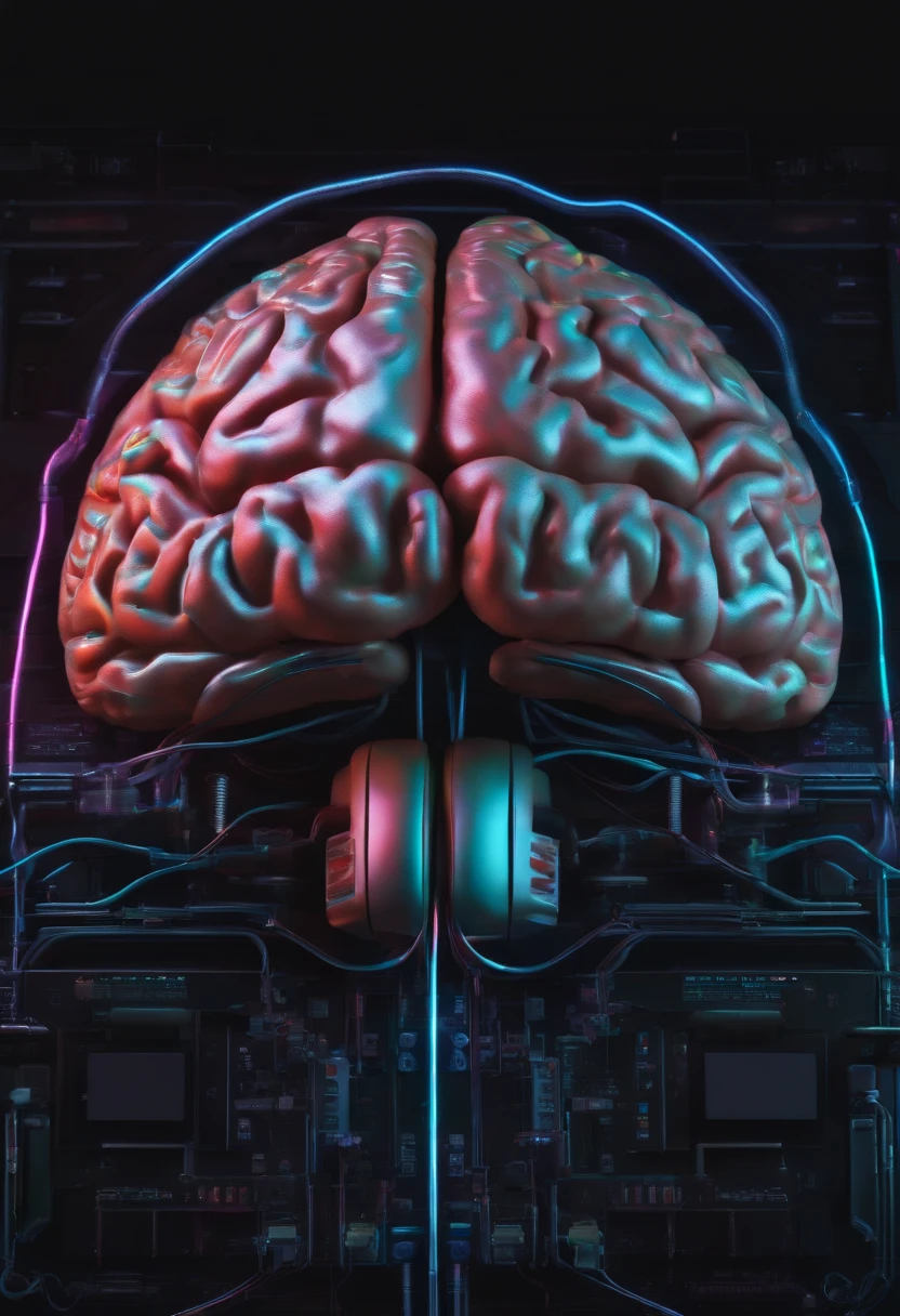 A highly detailed brain, electronic medium with neons and half real gray