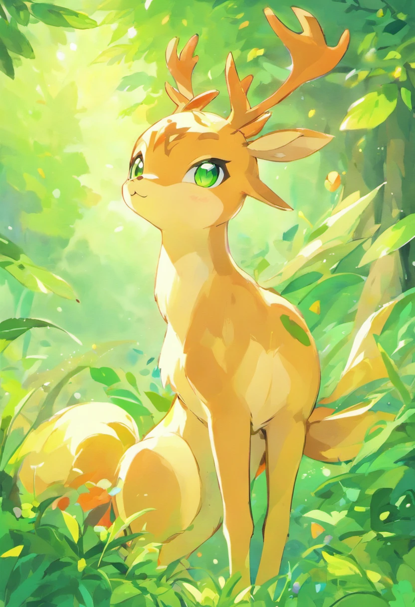 (masterpiece:1.2),vibrant colors,soft lighting,graceful posture,tranquil atmosphere, deer, green eyes, complementary colors,