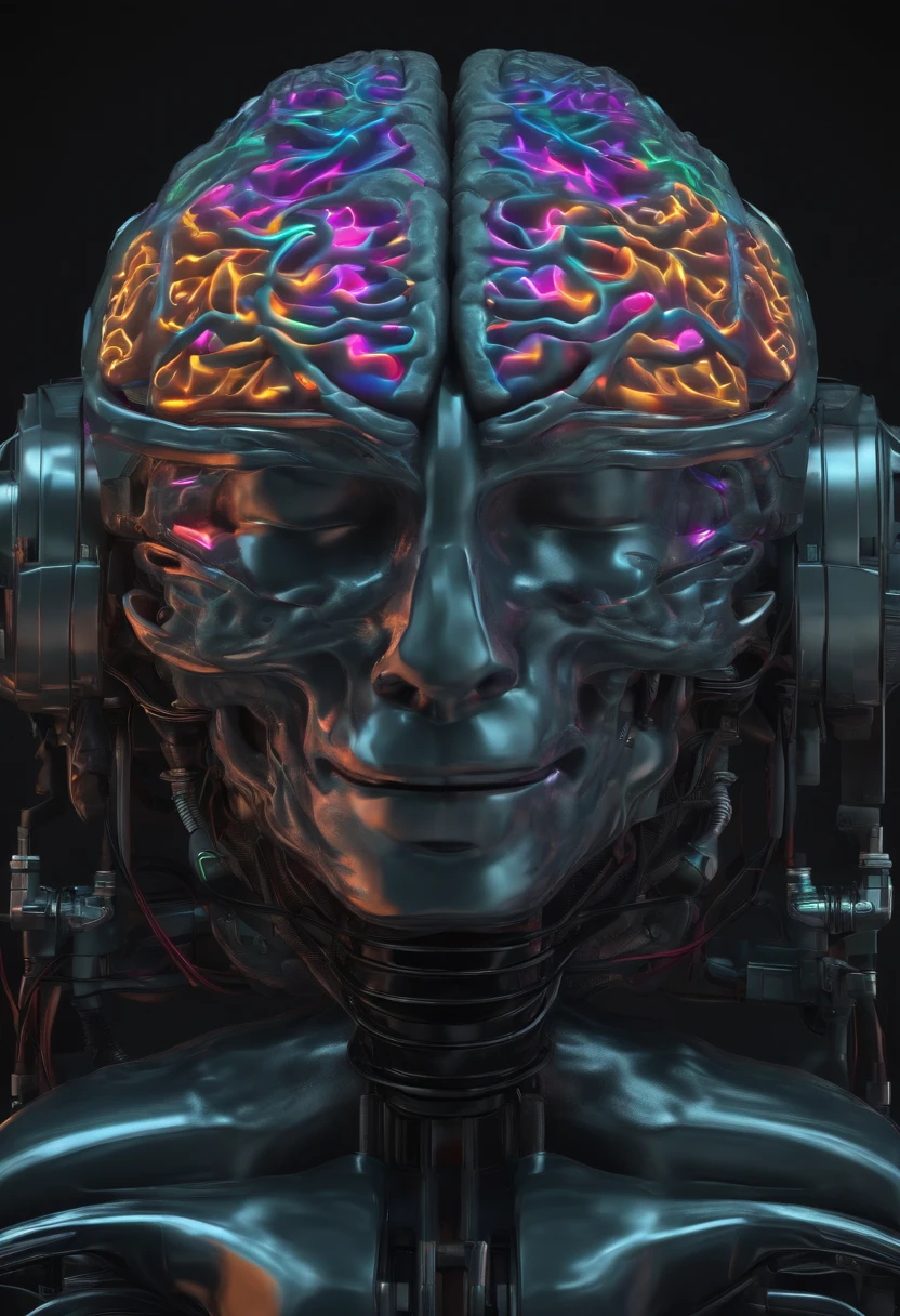 A highly detailed brain, electronic medium with neons and half real gray