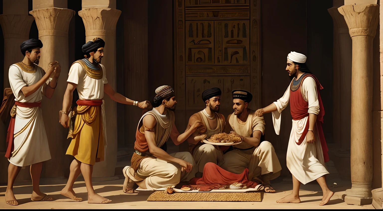 It illustrates the moment when Joseph gives bread, cereals, and meat to his brothers in Egypt. The image should capture the emotion of the reunion, with Joseph in a position of authority and his brothers showing surprise and regret. The setting must be an Egyptian palace.