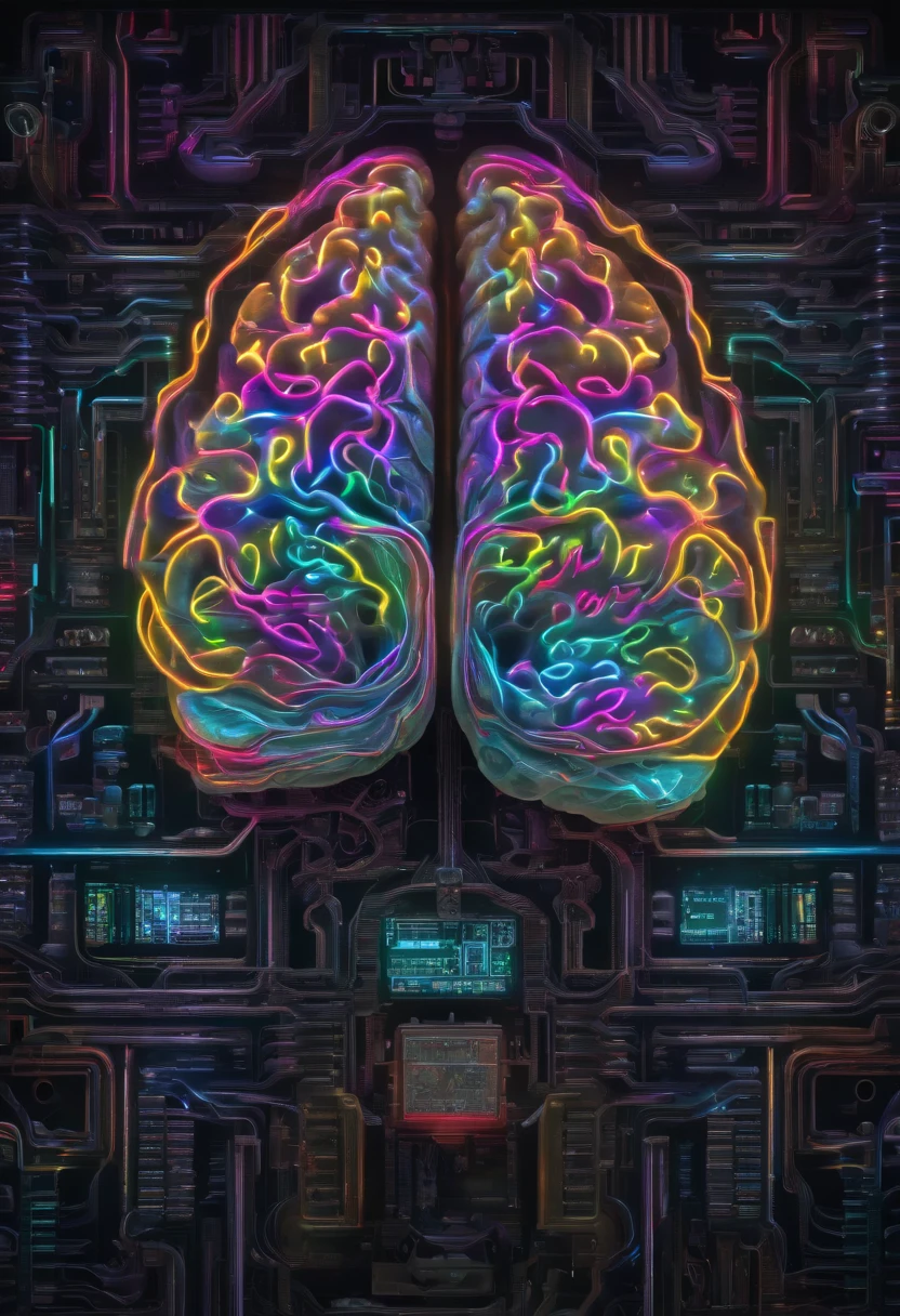 A highly detailed brain, electronic medium with neons and half real gray