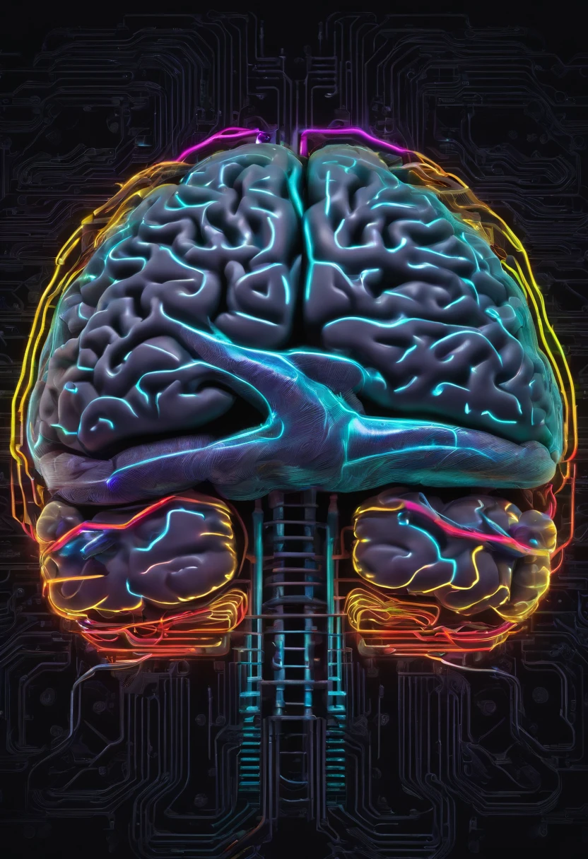 A highly detailed brain, electronic medium with neons and half real gray