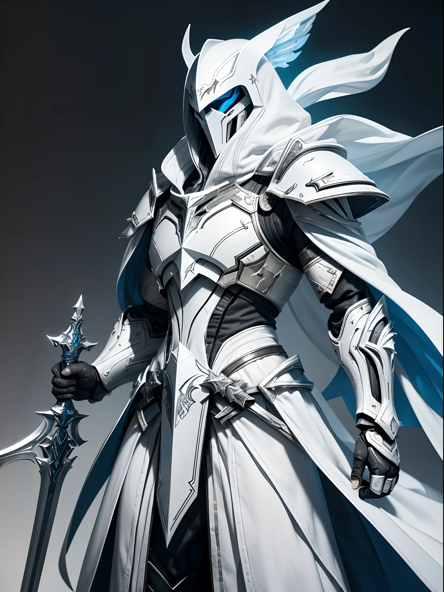 Masterpieces, White Knight, Commercial style shot, (action figure of Battle Priest in a warframe style armor with a white great sword ), (white blue and silver color scheme), (white hood with white flowing cloak), plastic material with metallic coating, (solid color background), centered, full body shot, (dynamic action stance pose), Arabic knight, assassin creed, black round stand base, vibrant colors, visible figure joints, cinematic shot, volumetric lighting, intricate pattern detail, highly detailed