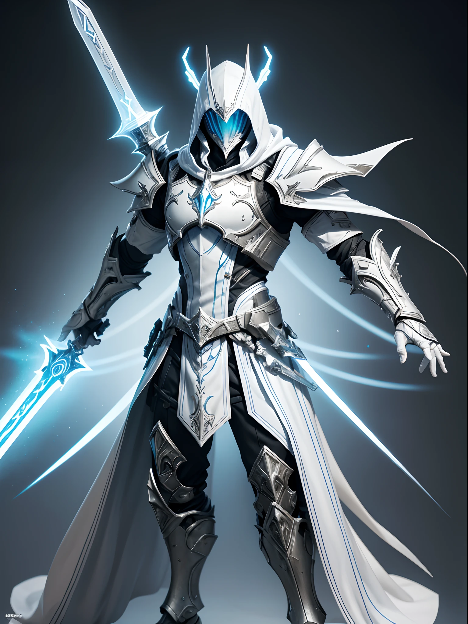 Masterpieces, White Knight, Commercial style shot, (action figure of Battle Priest in a warframe style armor with a white great sword ), (white blue and silver color scheme), (white hood with white flowing cloak), plastic material with metallic coating, (solid color background), centered, full body shot, (dynamic action stance pose), Arabic knight, assassin creed, black round stand base, vibrant colors, visible figure joints, cinematic shot, volumetric lighting, intricate pattern detail, highly detailed